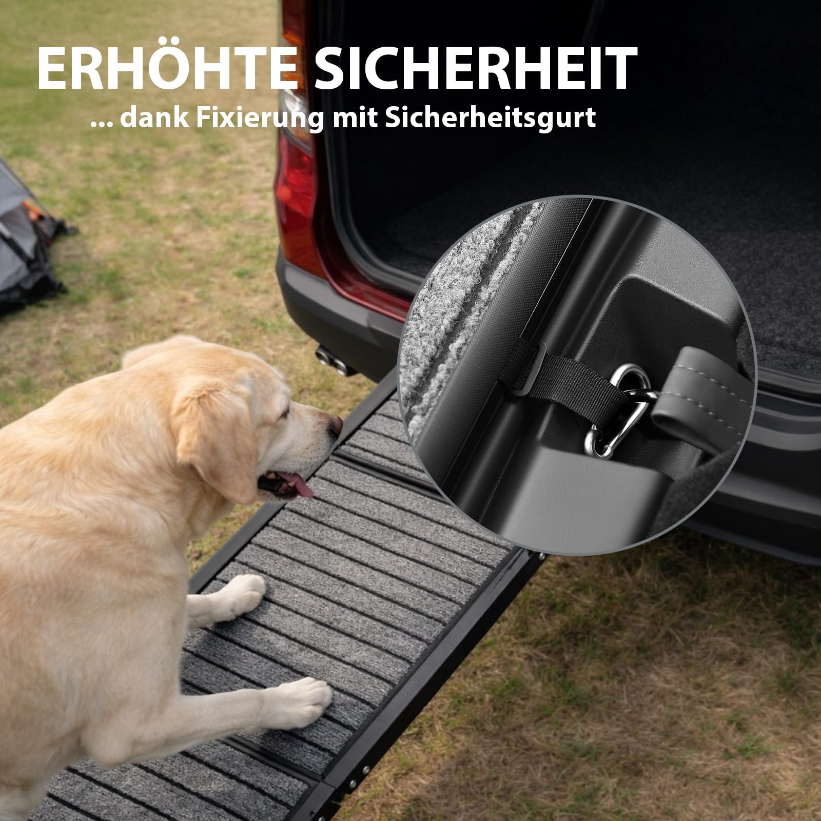 TRUTZHOLM Hunderampe klappbar 180 cm, Autorampe für Hunde, bis 130 kg Tragkraft, 4-Fach klappbar, Aluminium, rutschfeste Teppichoberfläche, Sicherheitsgurt, Einstiegshilfe für Auto, SUV, Sofa, Bett