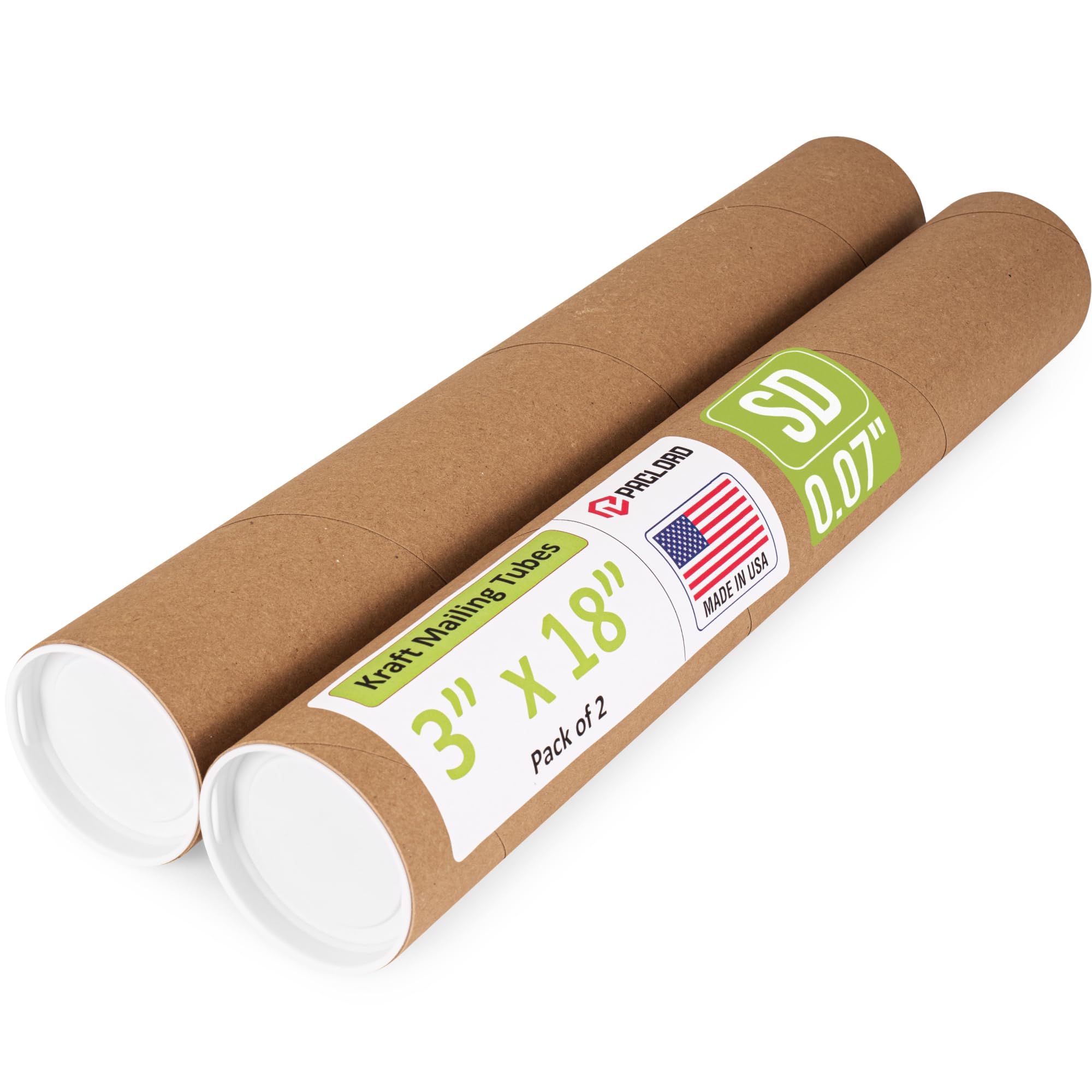 Paclord 3" x 18" Reinforced Kraft Paper Mailing Tube, Pack of 2 Tubes with 4 Caps – Secure USPS Approved Poster Tube – Cardboard Tube for Shipping and