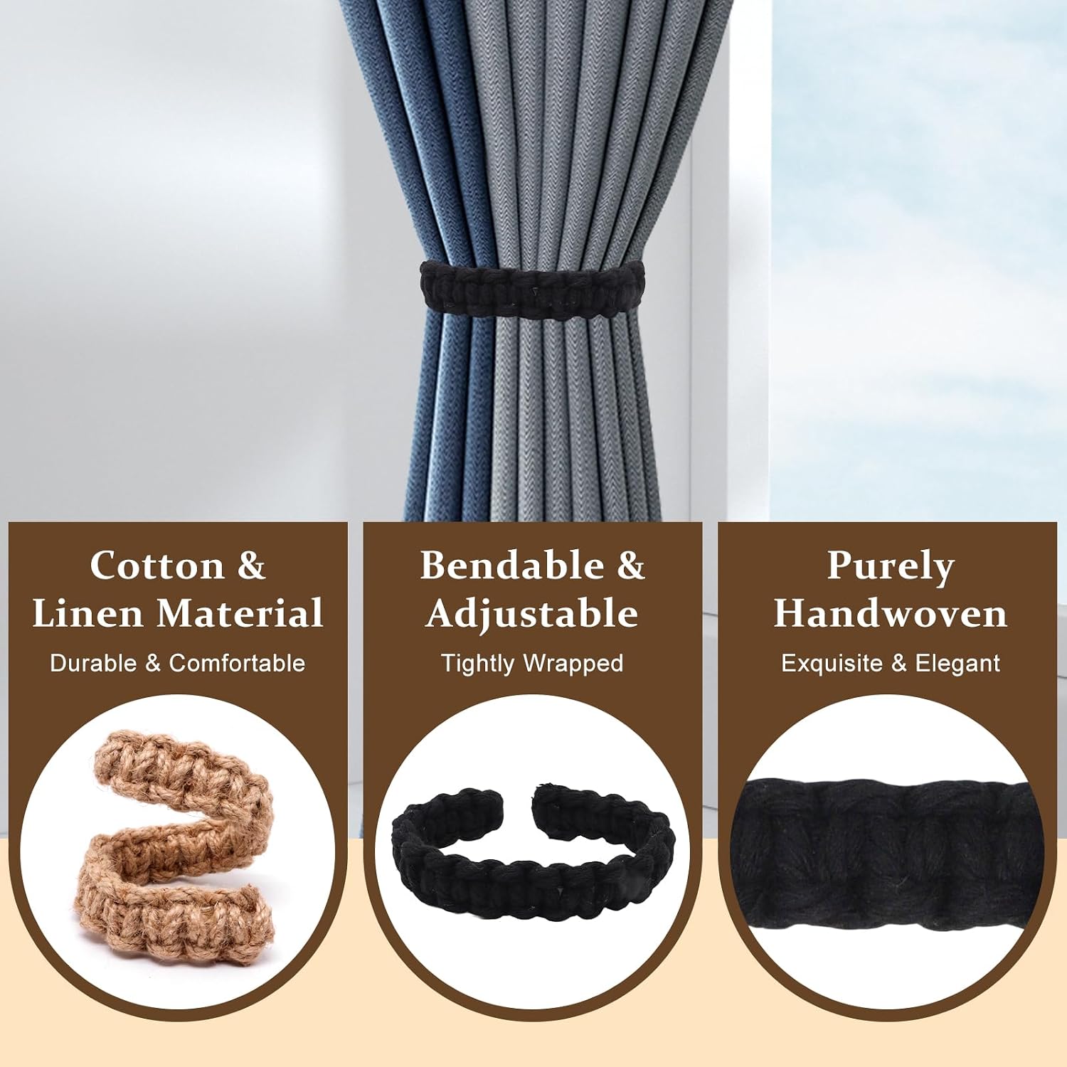 4 Pack Braided Linen Curtain Tiebacks, Boho Elegant Farmhouse Rustic Flexible Tie Backs Holders, Curtain Tie Backs for Home Office Bedroom Window Decorative Accessories (Black)