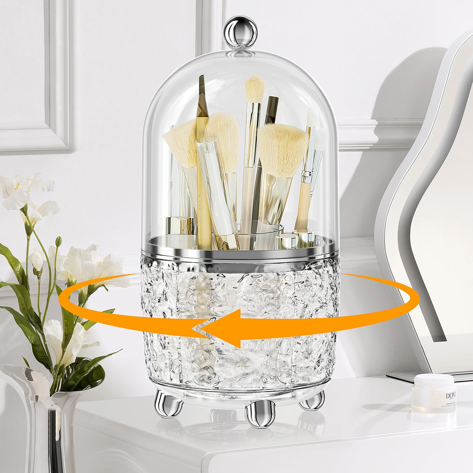 Moicainy Organizador de Maquillaje, Organizador de Maquillaje Cosmético Brochas Giratorio 360° con Tapa, 6 Compartimentos, Organizador de Cosméticos para Tocador/Habitación