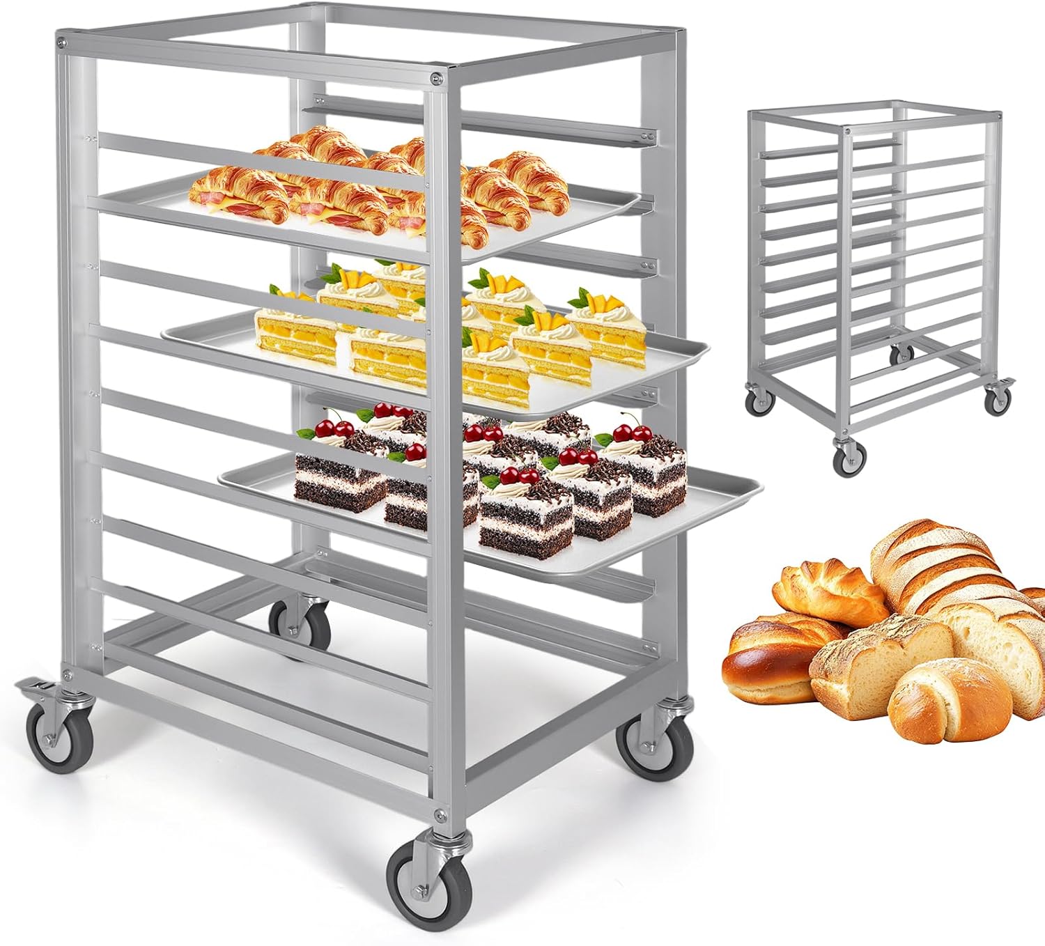 9 Tier 3 Inch Spacing Aluminium Home Commercial Kitchen Bakery Cooling Rack with Brake Wheels Commercial Heavy Duty Bun Racks for Restaurant Cafeteria Pizzeria