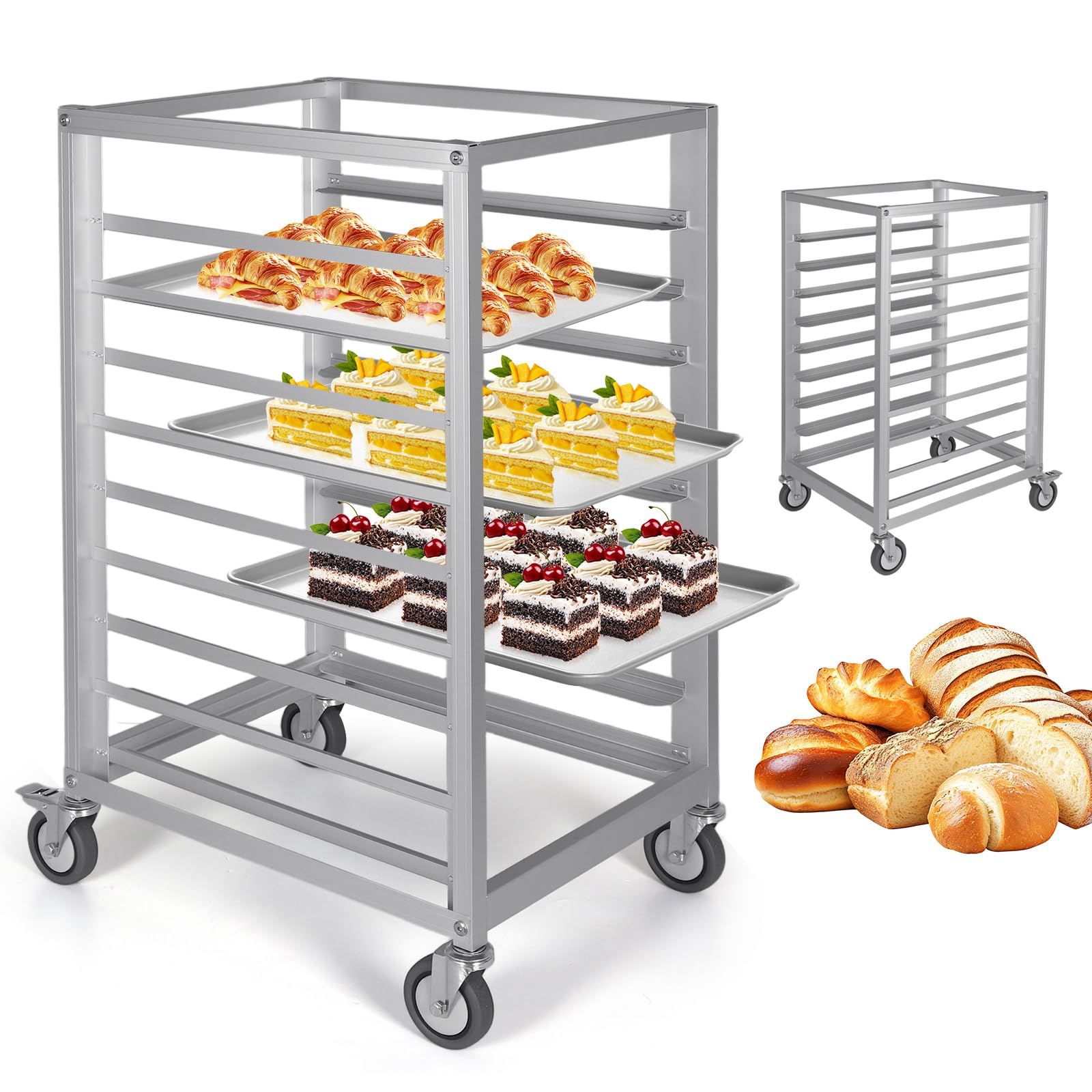 Estante de aluminio de 9 niveles con espacio de 3 pulgadas para el hogar, cocina comercial, panadería, panadería, con ruedas de freno, bandeja de cocina comercial, para restaurante, cafetería