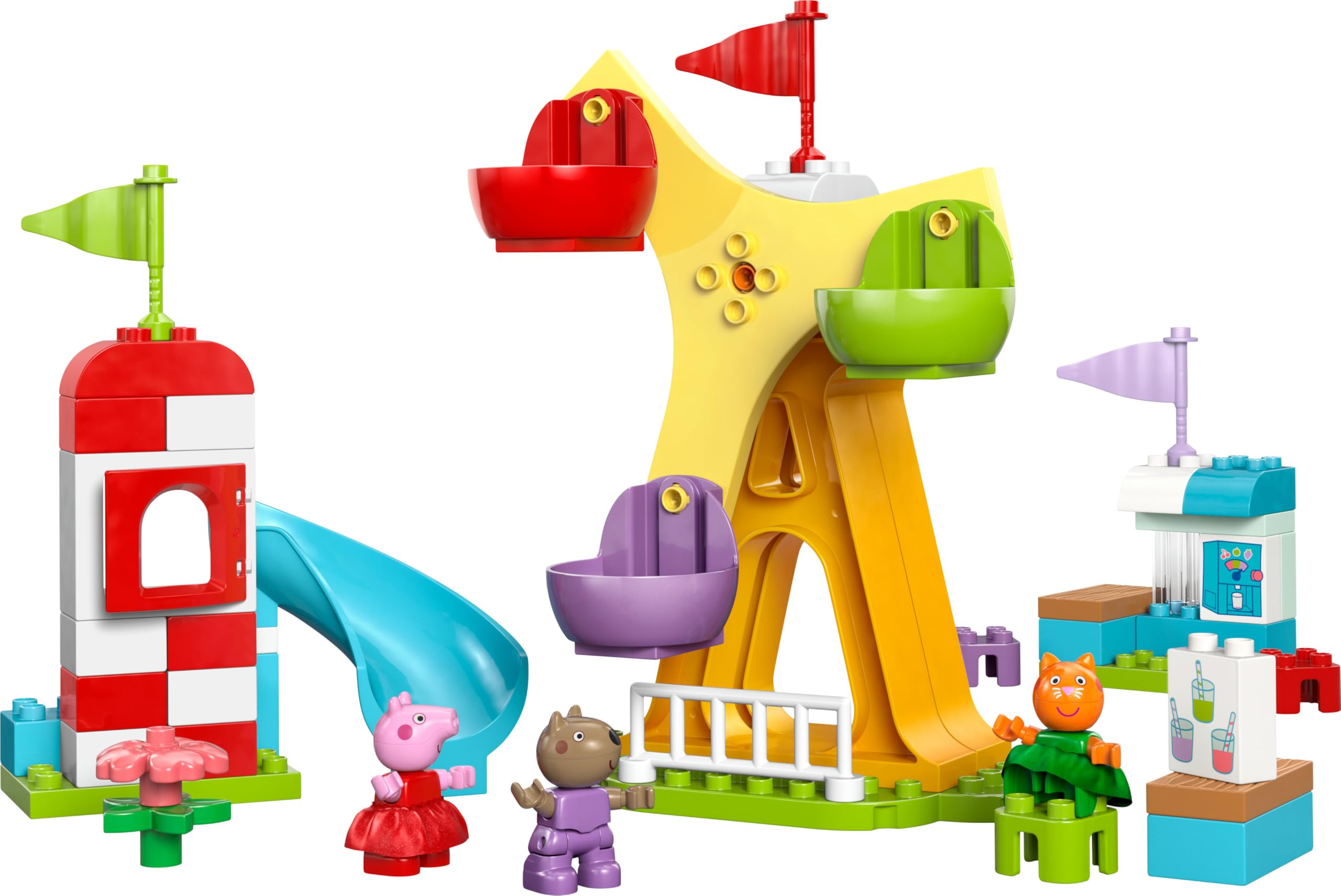 LEGO DUPLO Peppa Pig Luna Park - Gioco per la Motricità Fine per Bambini da 2 Anni - Ruota Panoramica, Scivolo, Bar e 3 Figure tra cui Candy Gatto e Danny Cane - Attività per Sviluppo Precoce - 10453