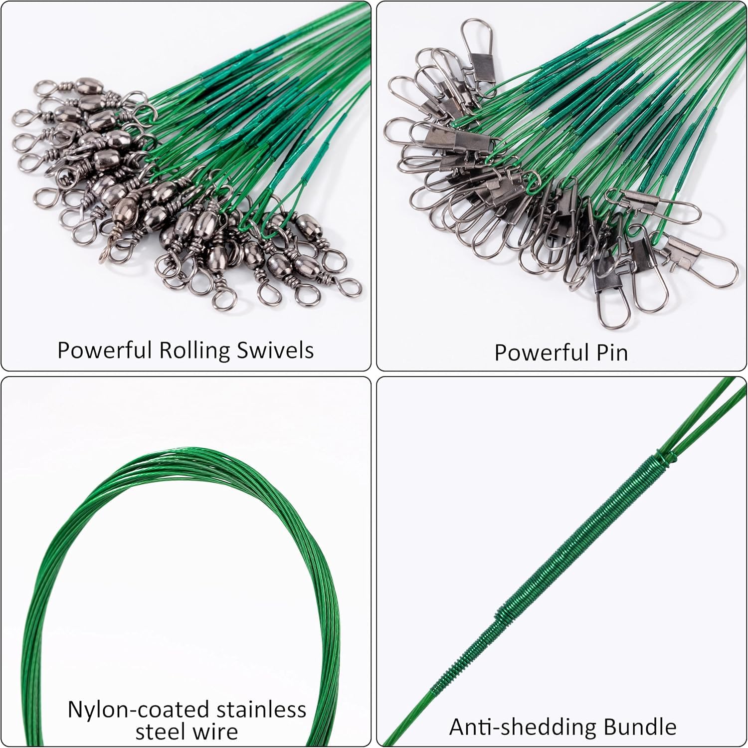 Cable del Líder de Pesca de Acero Líderes de Traza de Alambre de Pesca con Giratorios y Broches de Presión Múltiples Tamaños de Diferentes Líneas de Alambre Anti-Mordedura 15cm 20cm 25cm 30cm