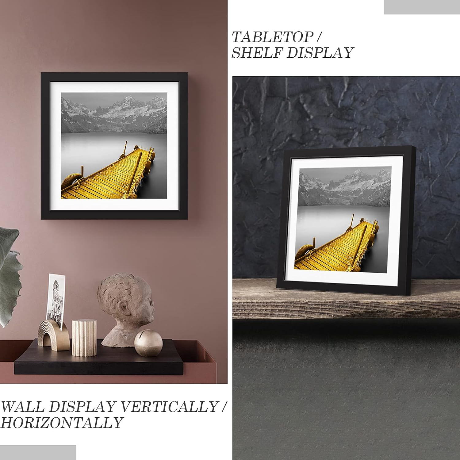 12x12 Picture Frames Black Solid Wood Display Pictures 10x10 or 8x8 with Mat or 12x12 without Mat - 12x12 Inch Square Photo Frames with 2 Mats for Wall or Tabletop Mount, 1 Pack
