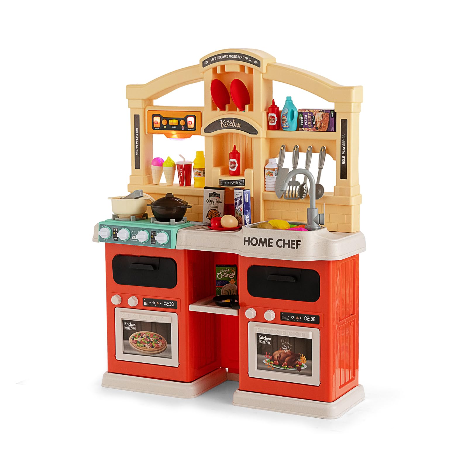 DREAMADE Kinderküche mit 42 TLG. Zubehör, Kinderspielküche mit Licht und Sound, Dampf, Wasser, Spüle, Wasserhahn, Herd, Backofen, Spielzeugküche, Spielküche für Kinder ab 3 Jahren (Orange)