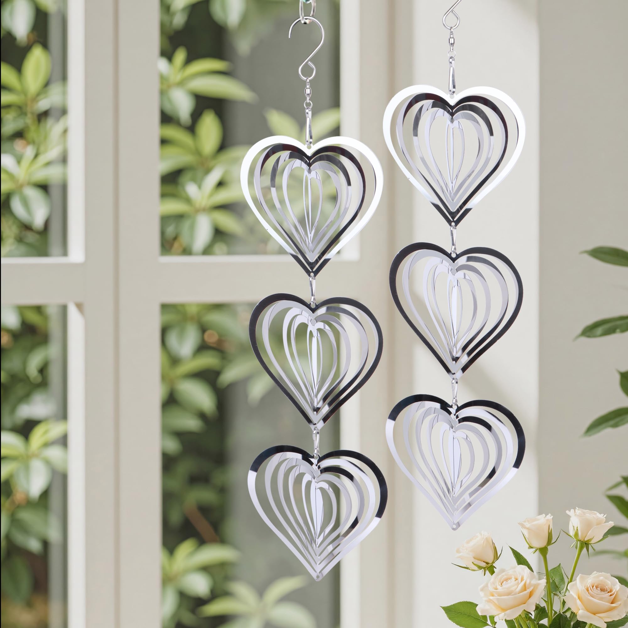 Iridsmole Stainless Steel Wind Spinner, 3D Garden Wind Spinners Decorations, Silver Garden Hanging Ornaments Indoor Outdoor, Love Heart Metal Wind Chimes to Scare Birds Away from Yard Patio Farm