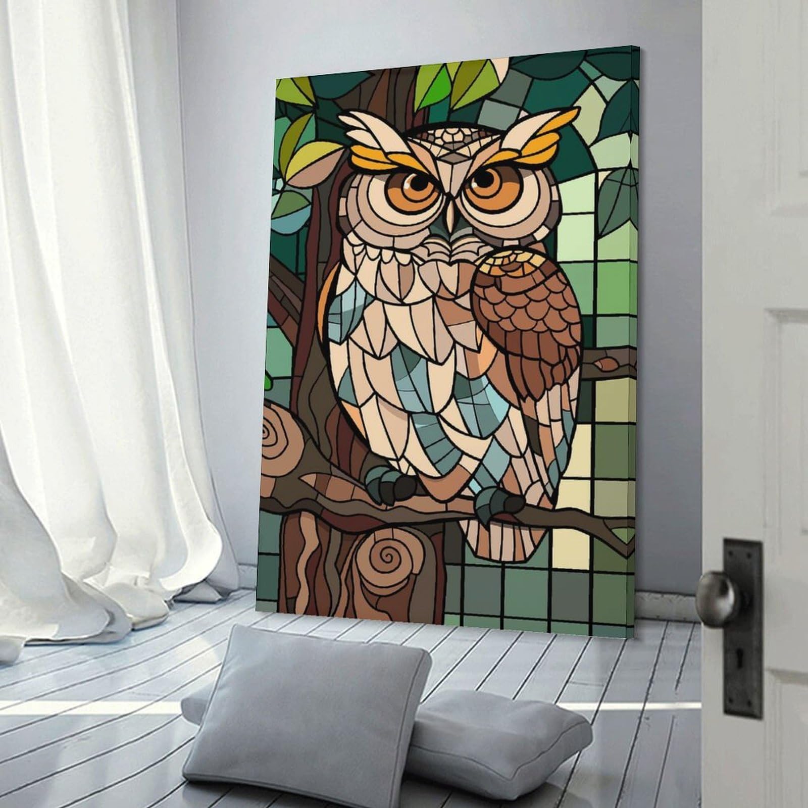 Junmoney Canvas Art Print Stained Glass Owl on A Branch, 16x24inch(40x60cm), for Office, Study Or Home Workspace, Home Office Artwork with Decorative Appeal
