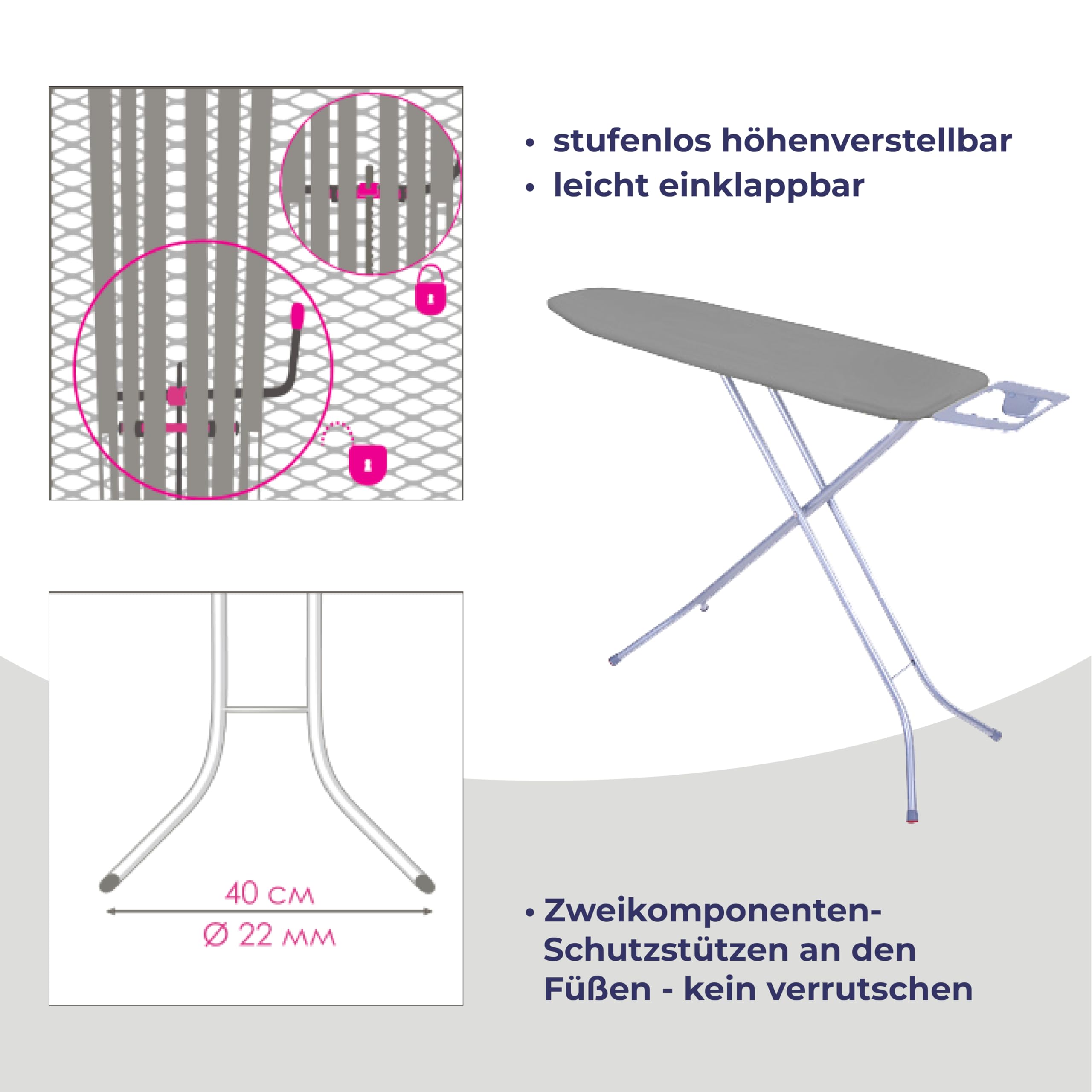 STAHLMANN ® Bügelbrett [114x34 Bügelfäche ] Grau mit rutschfesten Füßen – robuster Bügeltisch – extra stabiles Bügelbrett [Made IN EU] – Tischbügelbrett