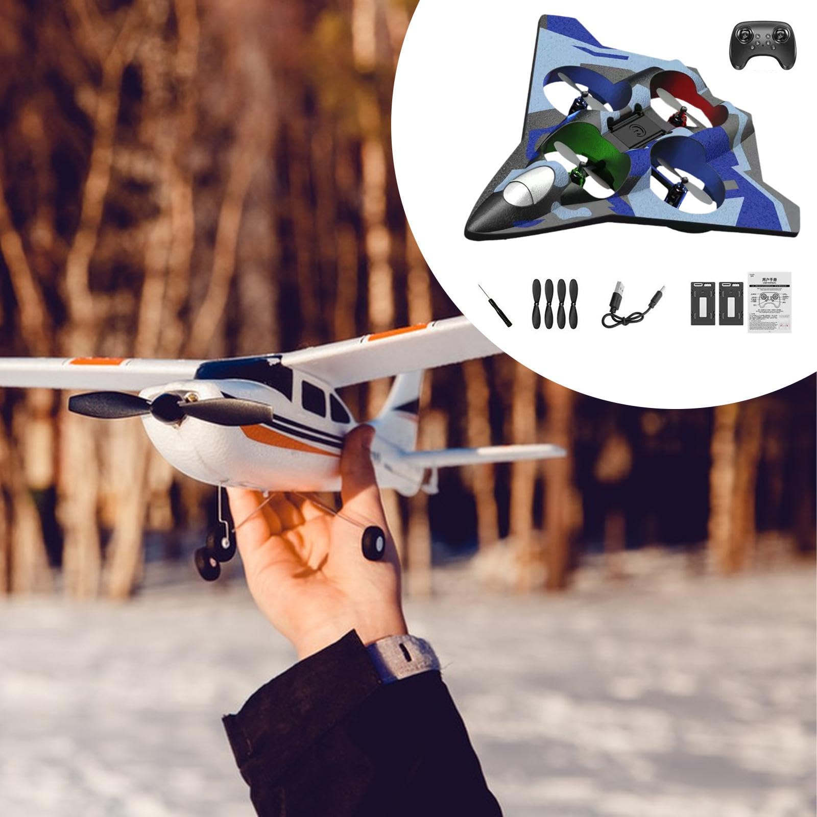 Qianly Avión Teledirigido Acrobático Avión RC de Fija con Luces de Cuatro Motores Recargable y Planeador de Espuma EVA Adecuado para, Batería Doble Azul
