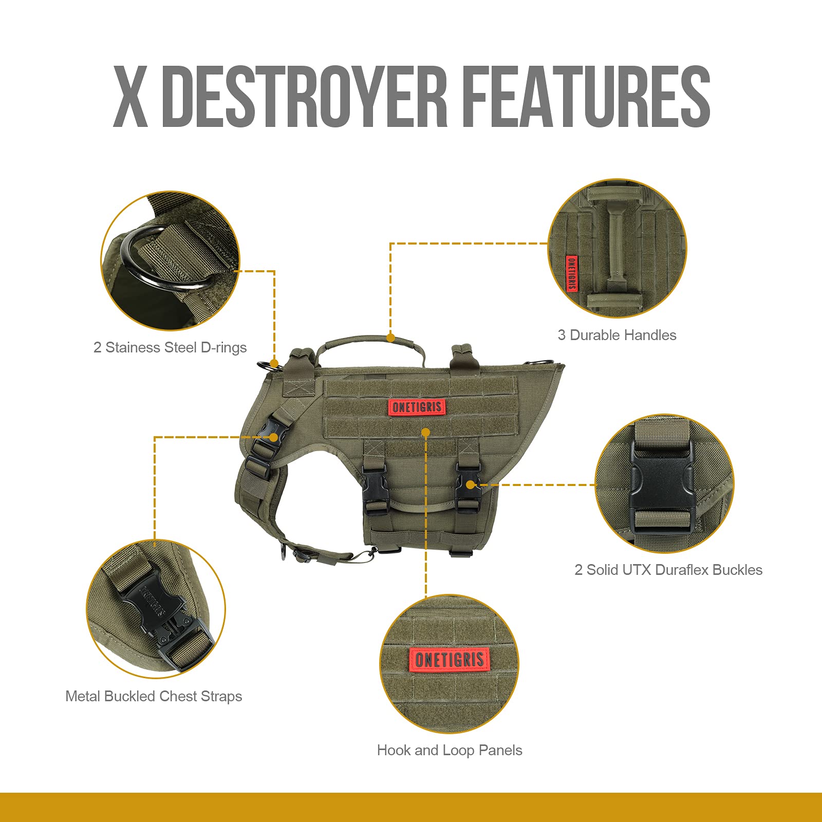 OneTigris Arnés para perros, X DESTROYER Tactical Harness Dog 3 Handles Heavy Duty Dog Carp con hebillas de metal, arnés de seguridad ajustable para perros de tamaño mediano - Verde L