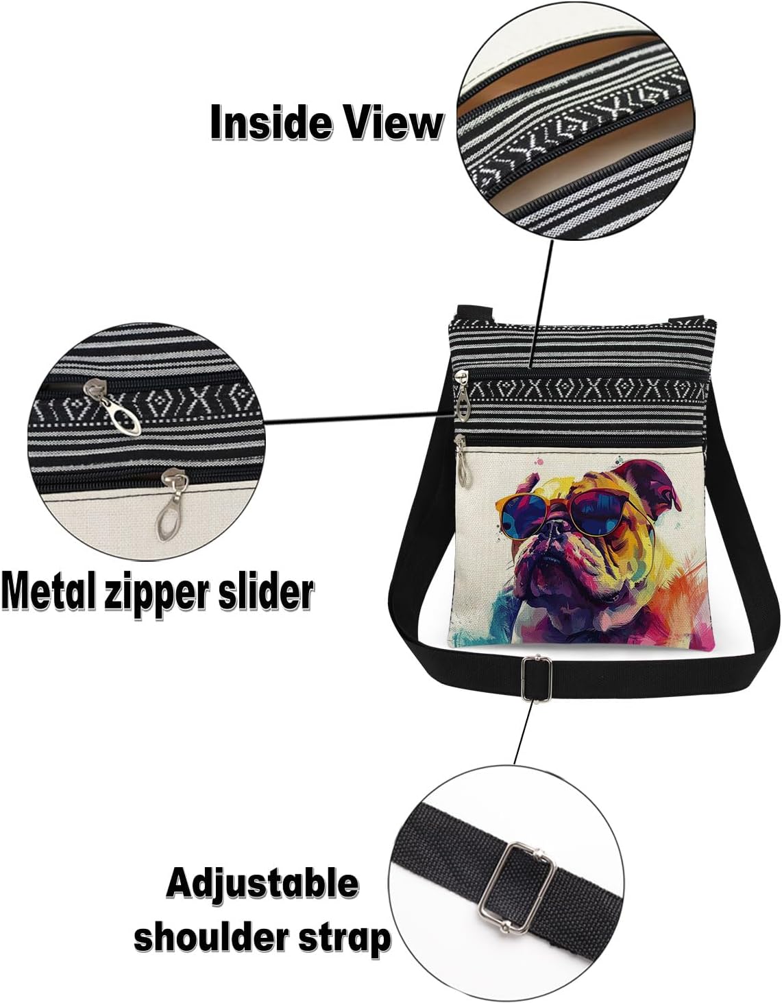 Watercolor Dog Crossbody Bag Bulldog with Sunglasses Print Messenger Bag for Adults Travel Adjustable Shoulder Strap Purse Unique Gift for Brother/Sister Dog Lover Friend