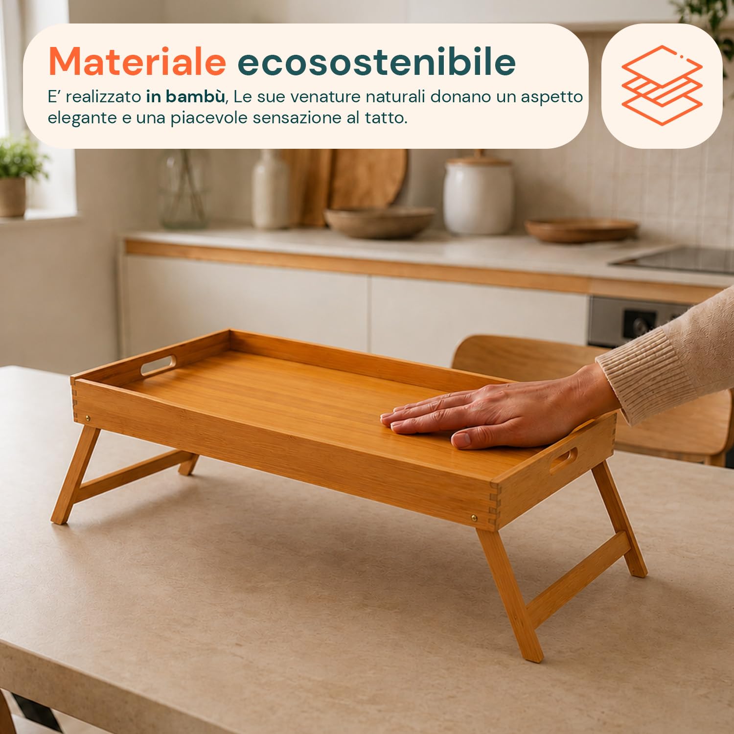 Avilia Vassoio per Colazione a Letto in Bambù con Piedini Pieghevoli - Elegante Tavolino da Letto per Colazione - Vassoio Multifunzionale - 50x30x21cm (Legno Naturale)