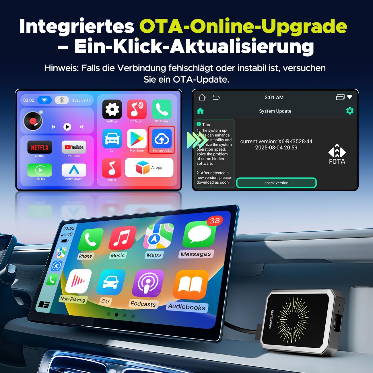 LAMTTO Wireless CarPlay Adapter AI Box mit Google Play App-Download & Gemini AI für CarPlay & Android Auto Dual-Band WLAN Bluetooth HDMI Output USB Media Playback AirPlay OTA Adapter Auto 4 IN 1