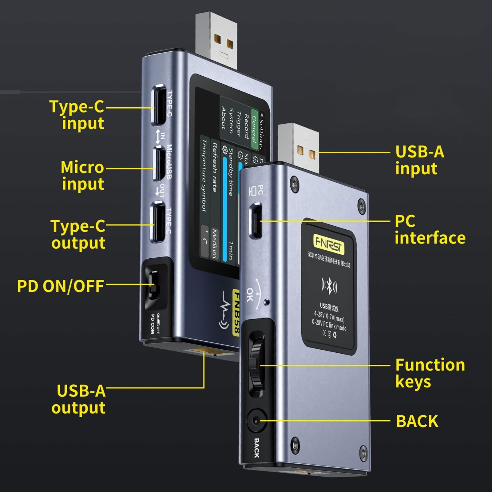 ARCELI FNB58 USB Tester, voltímetro Digital, amperímetro, capacitancia y medición de ondulación con Bluetooth, Disparador, detección de Carga rápida 4-28 V tensión de monitorización