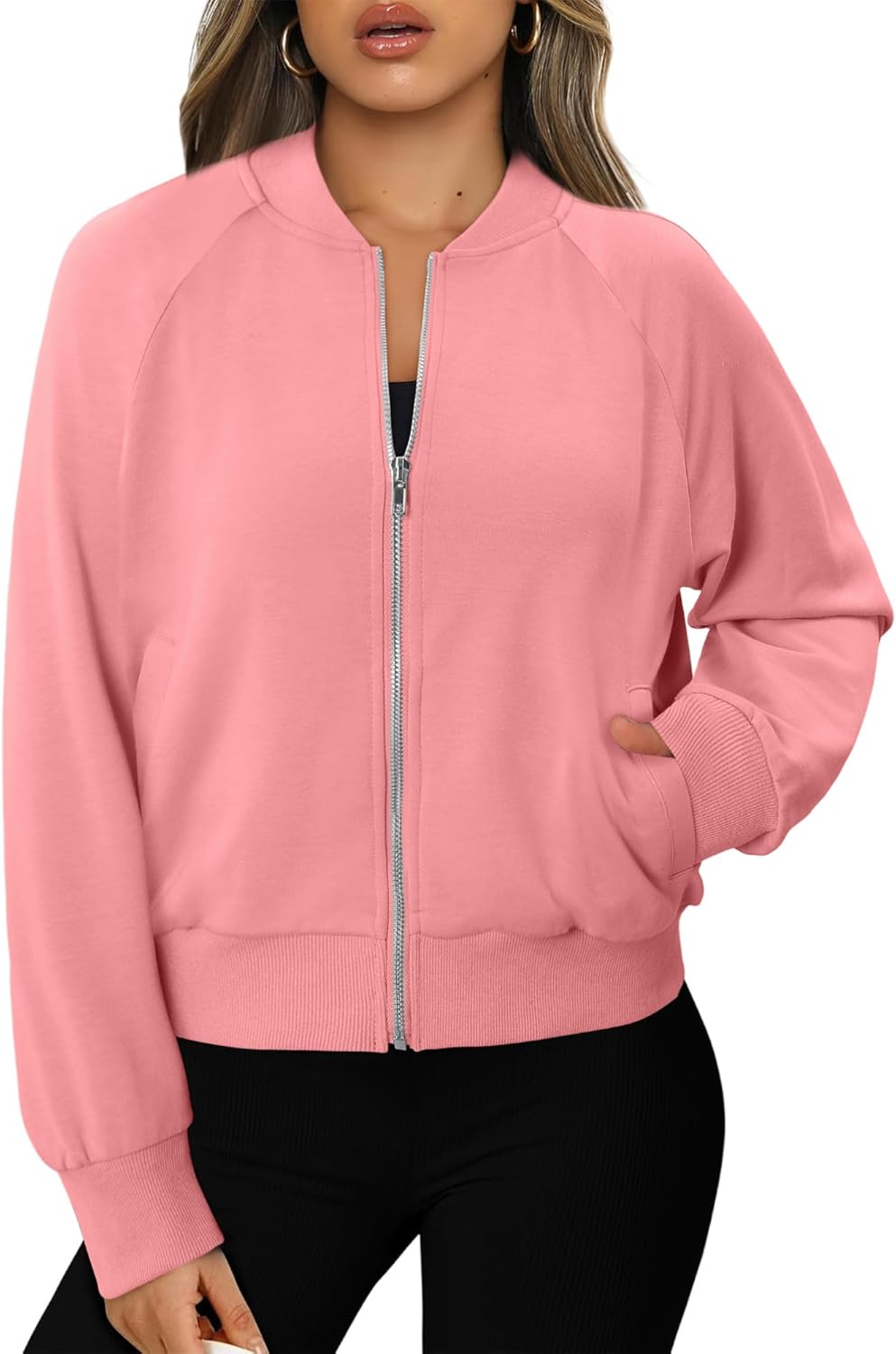 CRAZY GRID Womens Fashion Full Zip Up Jacket Comfy Long Sleeve Cropped Gym Top Solid Color Outfits with Pockets - Image 2