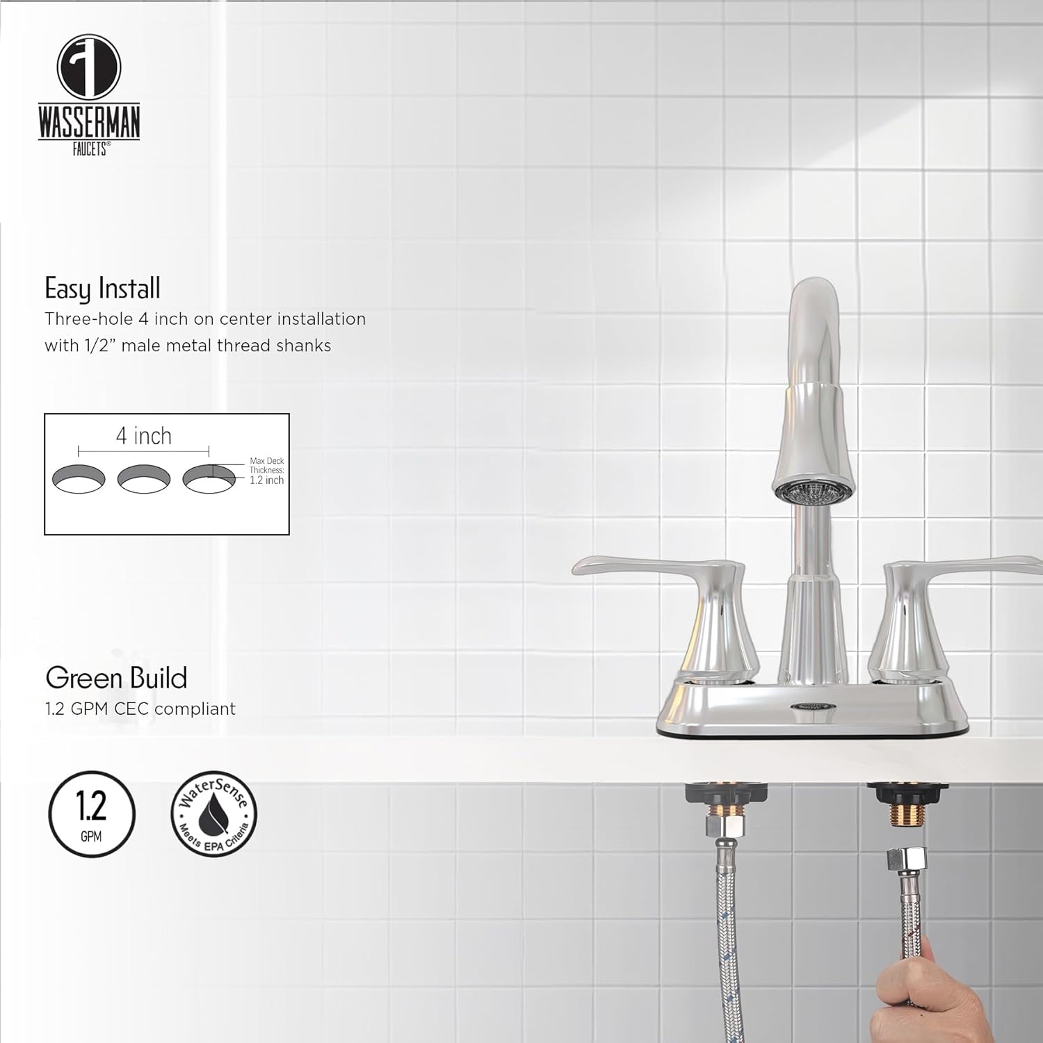 WMF 14167060 LED Lights Lavatory Bathroom Faucet Double Lever Handle, No Battery Needed, Swivel Spout, Chrome, for Vanity, Countertop, with Deck Plate Pop Up Drain, 4 Inch Centerset