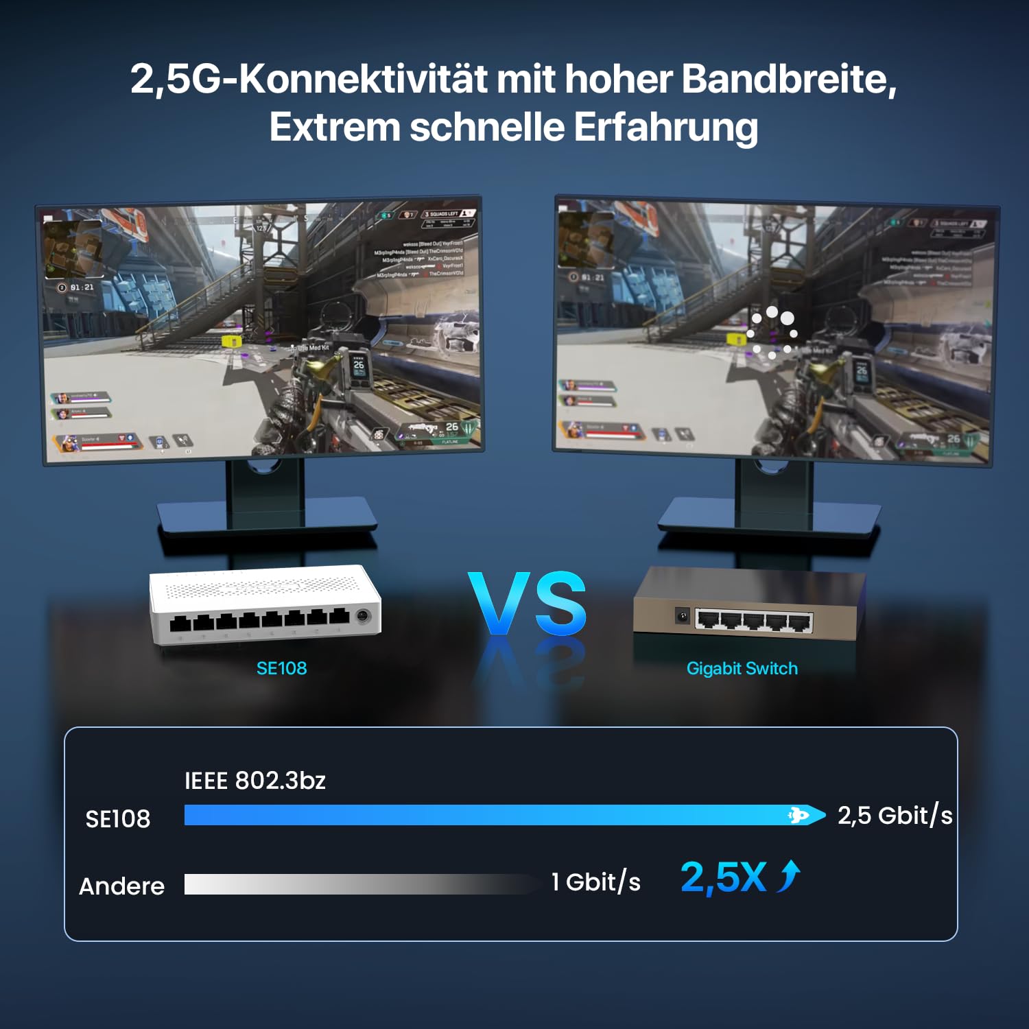 Tenda SE108 2.5 Gbit Switch 8 Port, Unmanaged 2.5GB Netzwerk Switch LAN Splitter (Plug-and-Play Ethernet Switch, Lüfterlos, Desktop-/Wandmontage, Ideal für 2,5G NAS, Server, WiFi 6/7 AP, Gaming-PC)