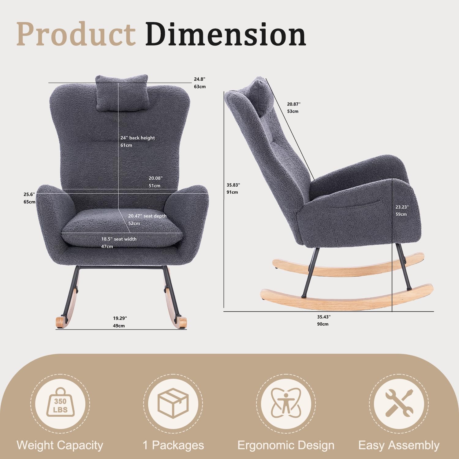 Rocking Chair Nursery with Headrest, Teddy Upholstered Glider Rocker with High Backrest & Side Pocket, Modern Rocking Chairs for Small Spaces, Living Room, Bedroom (Dark Grey)