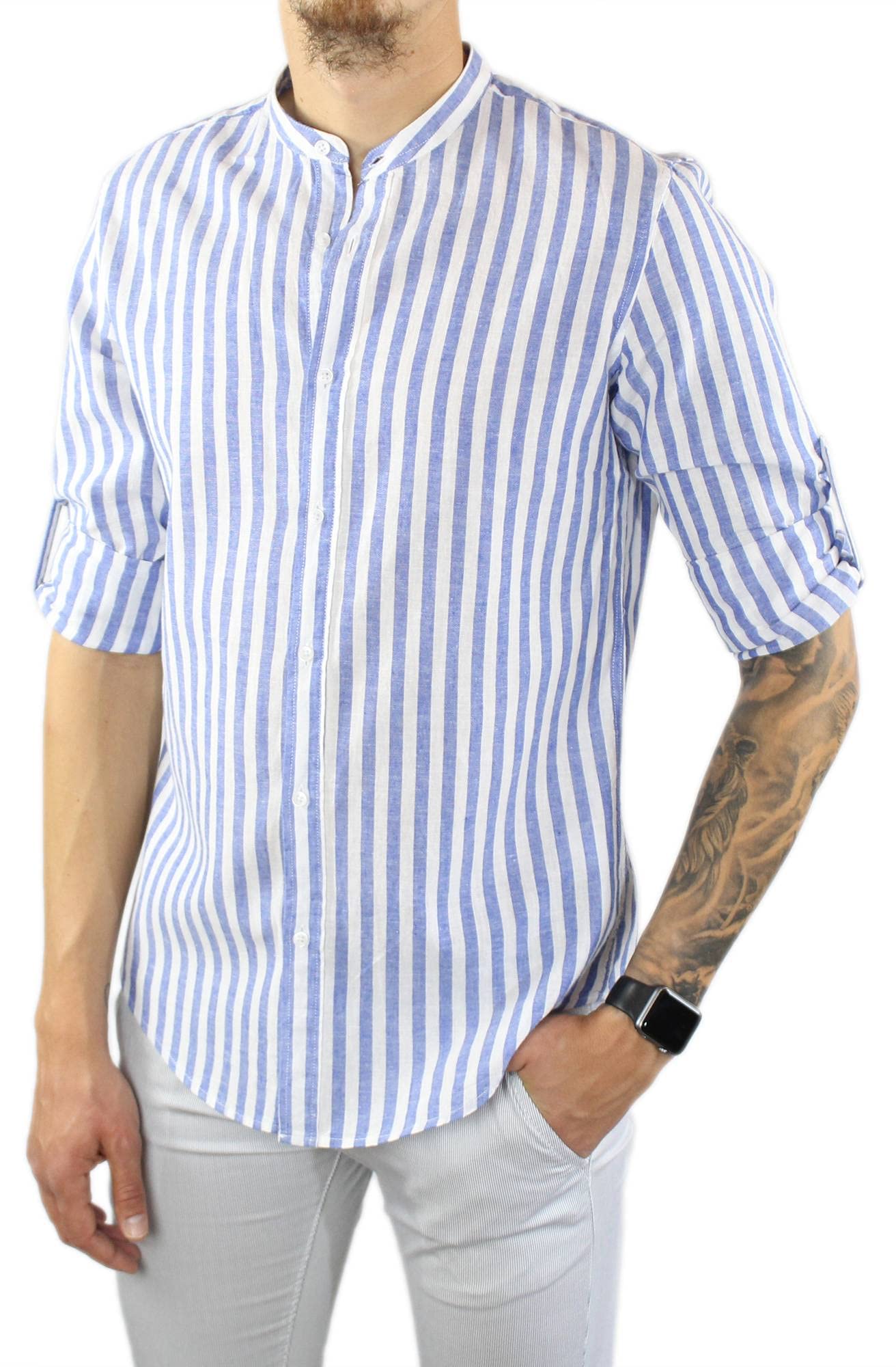 Camisa de lino para hombre Coreana a rayas celestes de 100 % lino Slim Fit elegante de manga larga a rayas