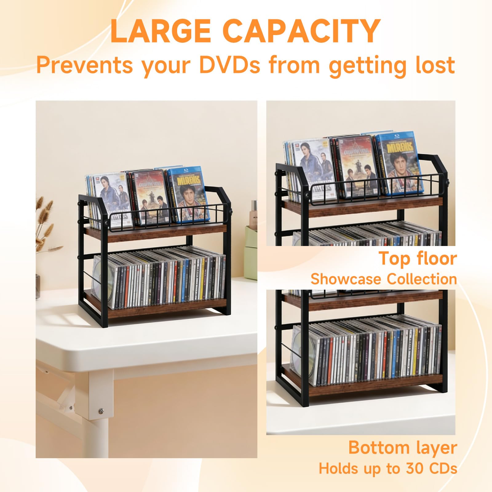 2-Tier CD Storage Rack & Tower, Vinyl Record & CD Holder with Display Shelf, Industrial Retro Wood & Iron Organizer for LPs, CDs, DVDs, Games, Magazines, Space-Saving Desktop CD Stand — view 5