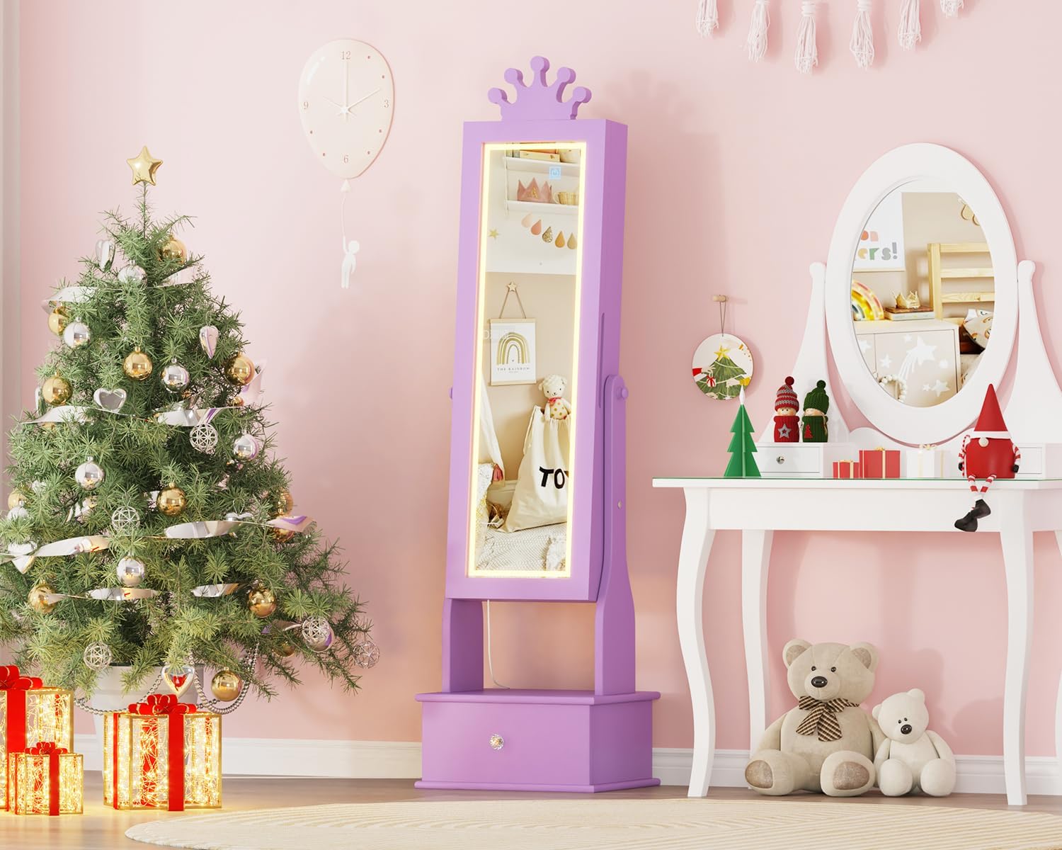 GarveeHome Kids Jewelry Armoire,Child Jewelry Cabinet with Led Light,Freestanding Jewelry Organizer with Full-Length Mirror,3 Storage Drawers,Kids Vanity Dress Up Mirror Cabinet for Girls（Purple）