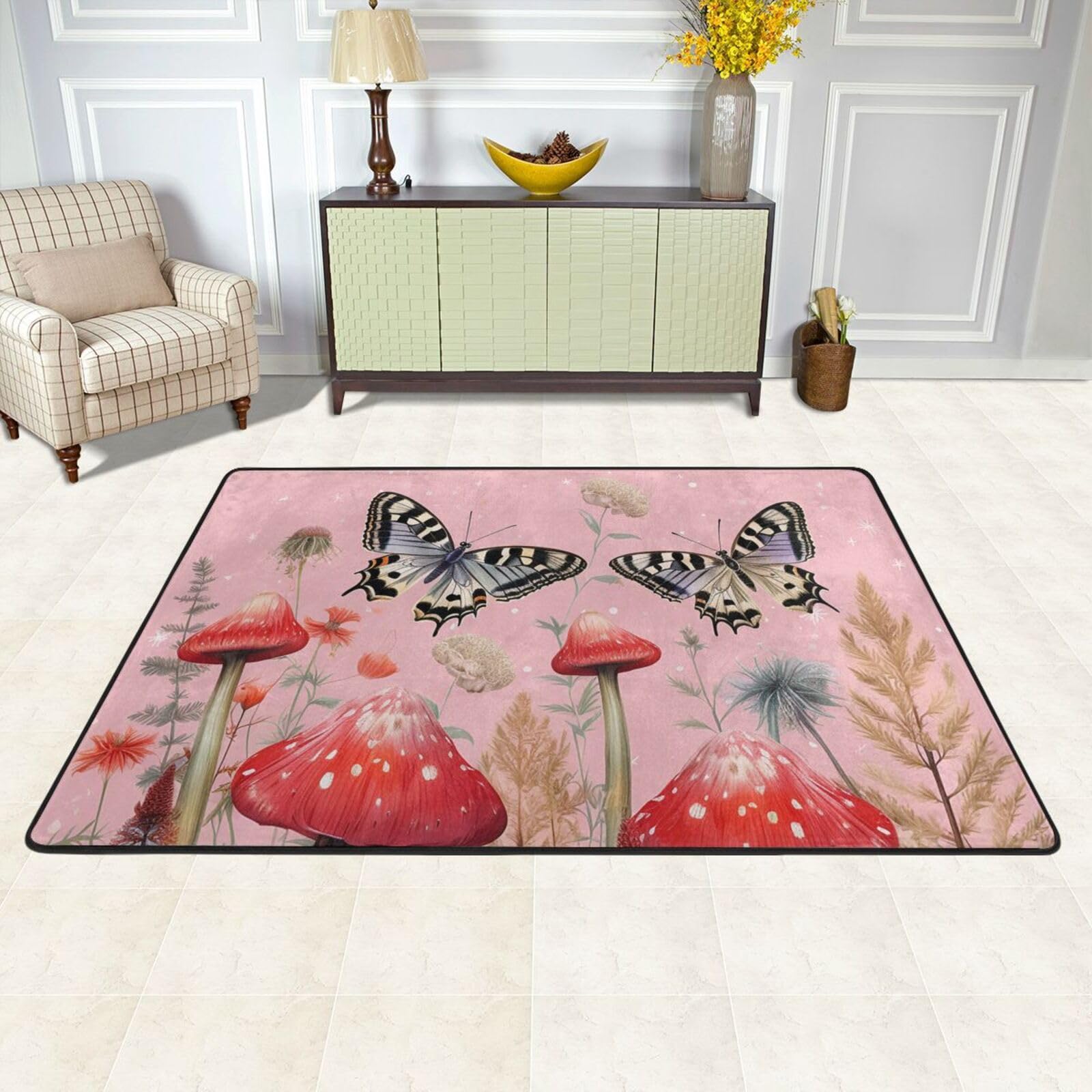 Tapis de sol absorbant 91x61 cm papillons et champignons pour chambre