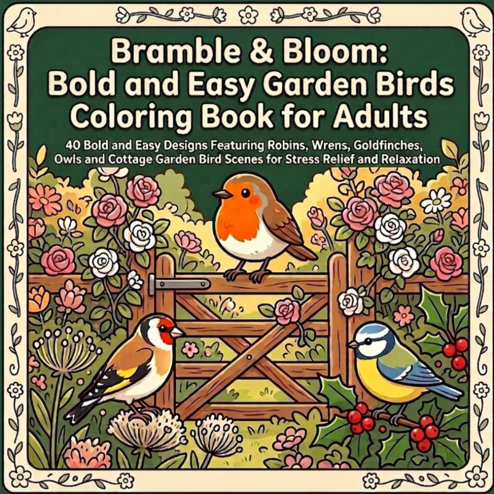 Bramble & Bloom: Bold and Easy Garden Birds Coloring Book for Adults: 40 Bold and Easy Designs Featuring Robins, Wrens, Goldfinches, Owls and Cottage ... Bird Scenes for Stress Relief and Relaxation