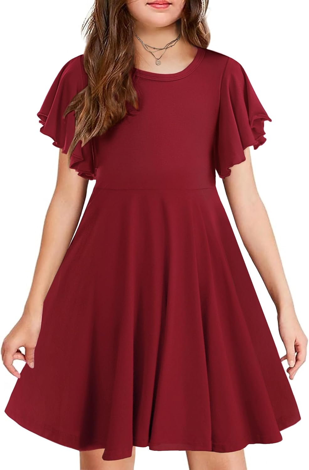 Arshiner - Brandclub - Arshiner Girls Dress Butterfly Sleeve Stretch A-Line Swing Skater Twirl School Dress with Pockets A Wine Red Kids 6-7 Y Arshiner - Brandclub - Arshiner Girls Dress Butterfly Sleeve Stretch A-Line Swing Skater Twirl School Dress with Pockets A Wine Red Kids 6-7 Y