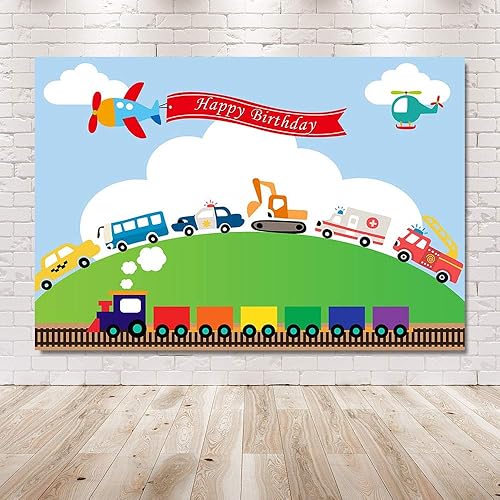 Miniatura 6 de Telón de fondo de fiesta de cumpleaños para automóvil, tren, aviones, automóvil, camión, niño, primer cumpleaños, cielo azul, nube, césped, verde,
