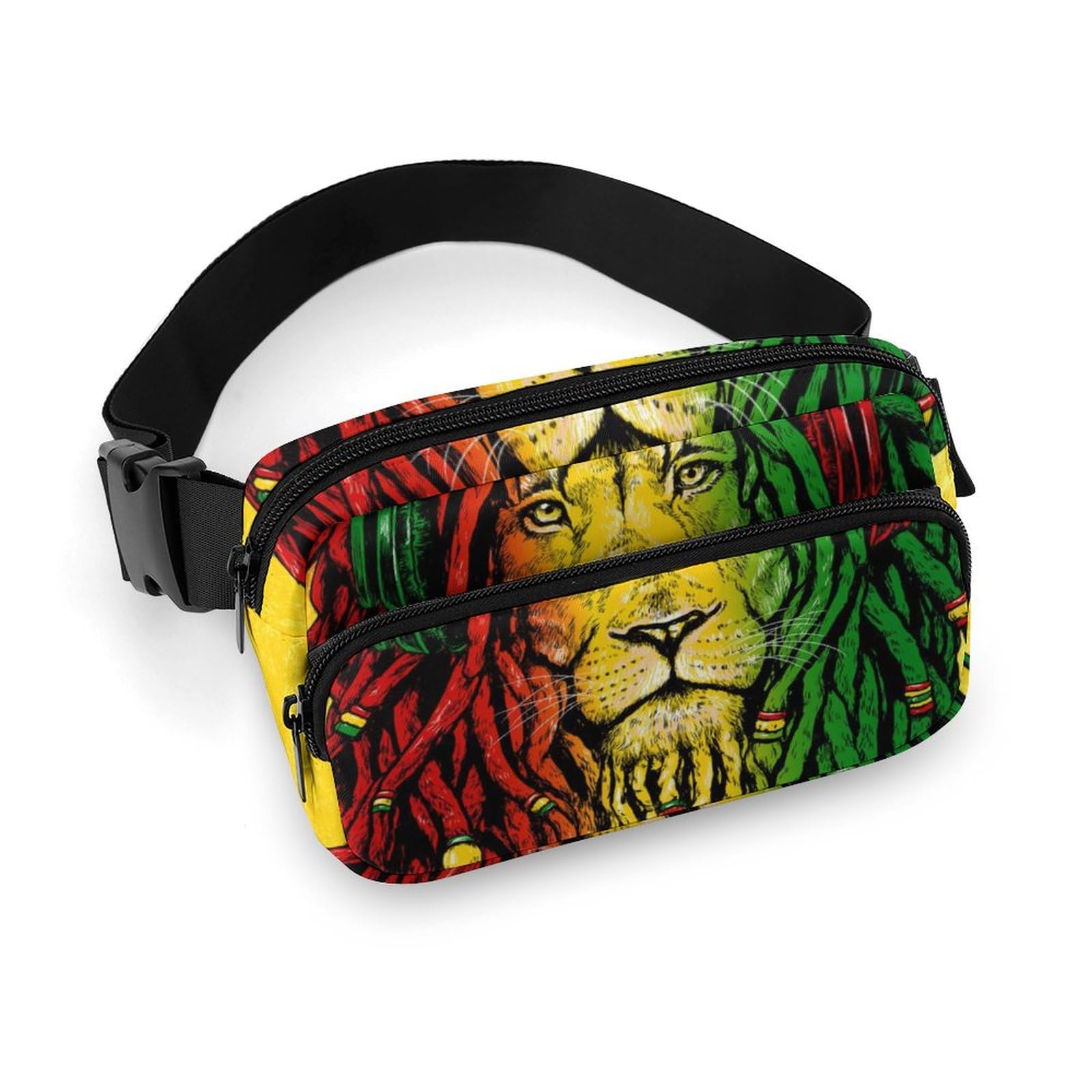 Women's Fashion Waist Bag, Portable Belt Bag, Pattern Large Pack with Adjustable Strap for Running Hiking Workout Traveling Compatible with Jamaican Rasta Flag Rastafarian Reggae Lion