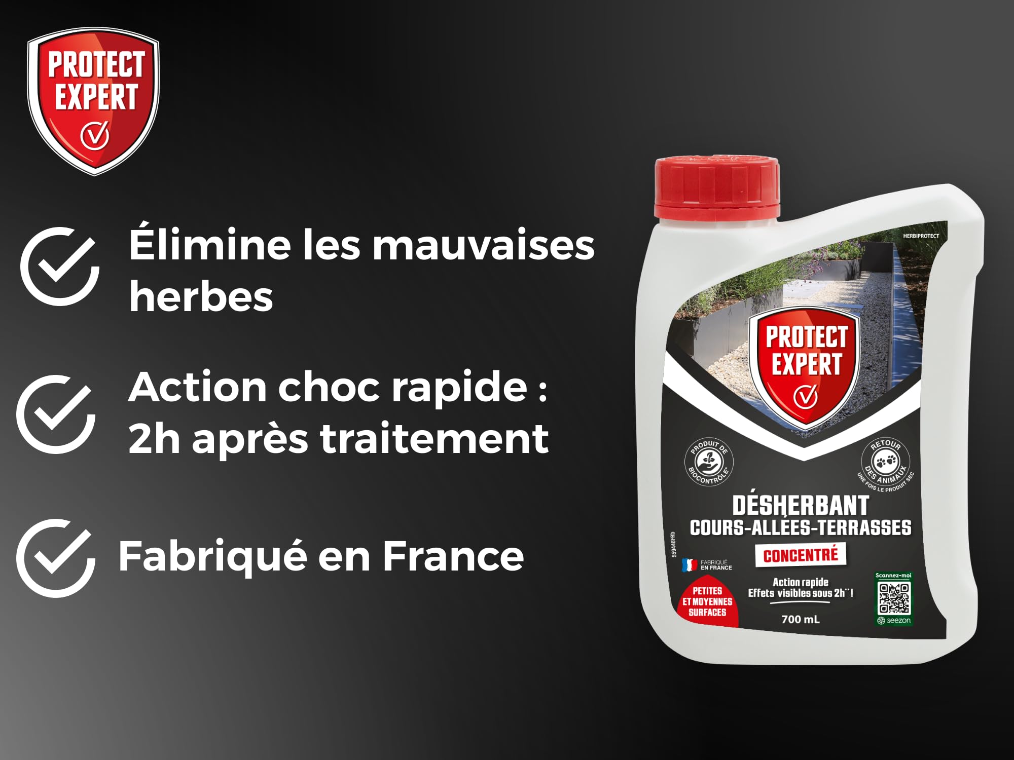 PROTECT EXPERT Désherbant Concentré - Cours Allées Terrasses - Effets Visibles Sous 3h - 700ml - Jusqu’à 58m² Traités - Bidon Doseur PROCOUR700