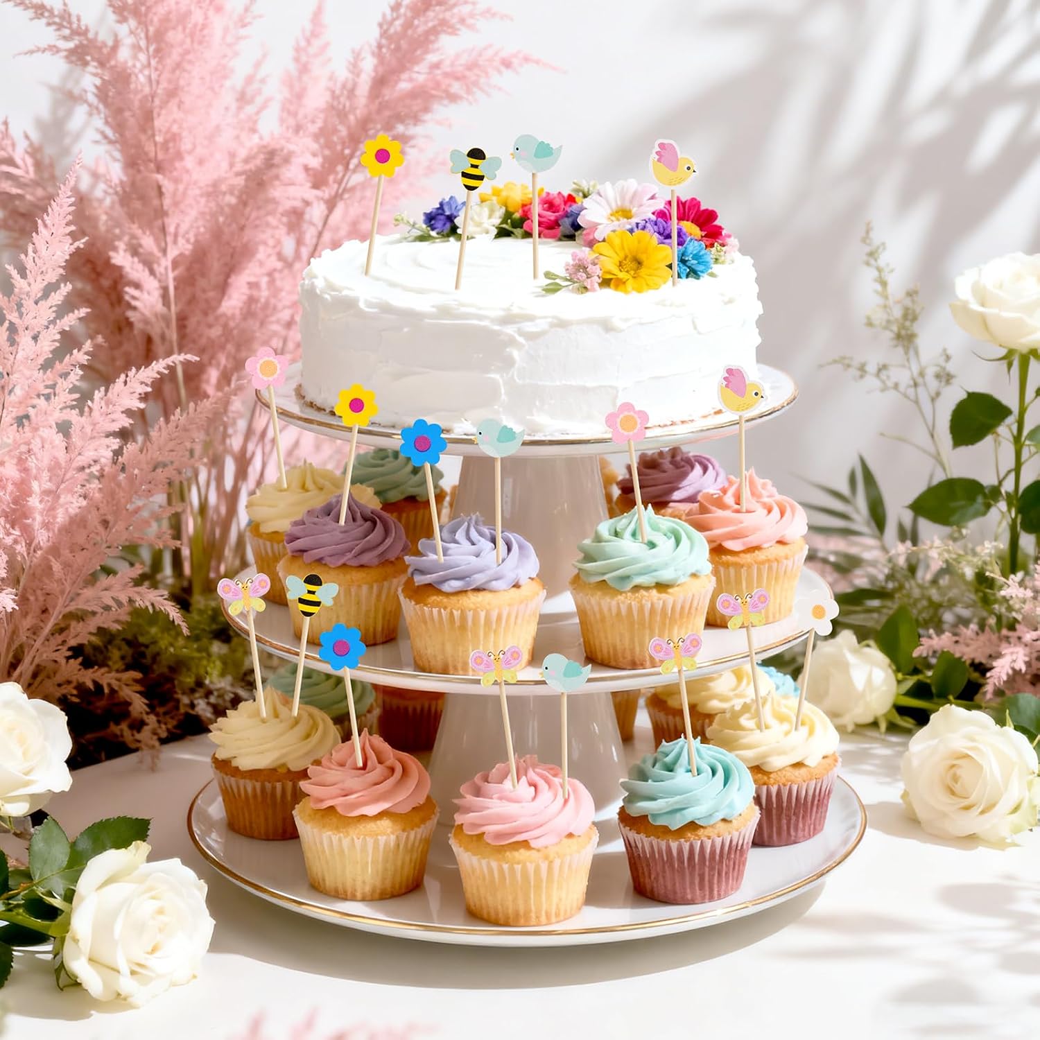 100 PCS Spring Floral Toothpicks - Colorful Flowers, Birds, Bees & Butterflies | Decorative Cocktail Picks, Charcuterie Sticks & Fruit Skewers for Appetizers, Parties & Picnic Garden
