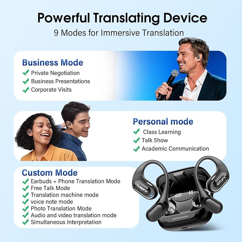 Open Ear Headphones, Bluetooth 5.4 Wireless Earbuds, Black | HiFi Stereo Open Ear Buds with HD Mic, 50H LED Power Display Air Conduction Earbuds, AI Translation Earbuds Real Time image 7