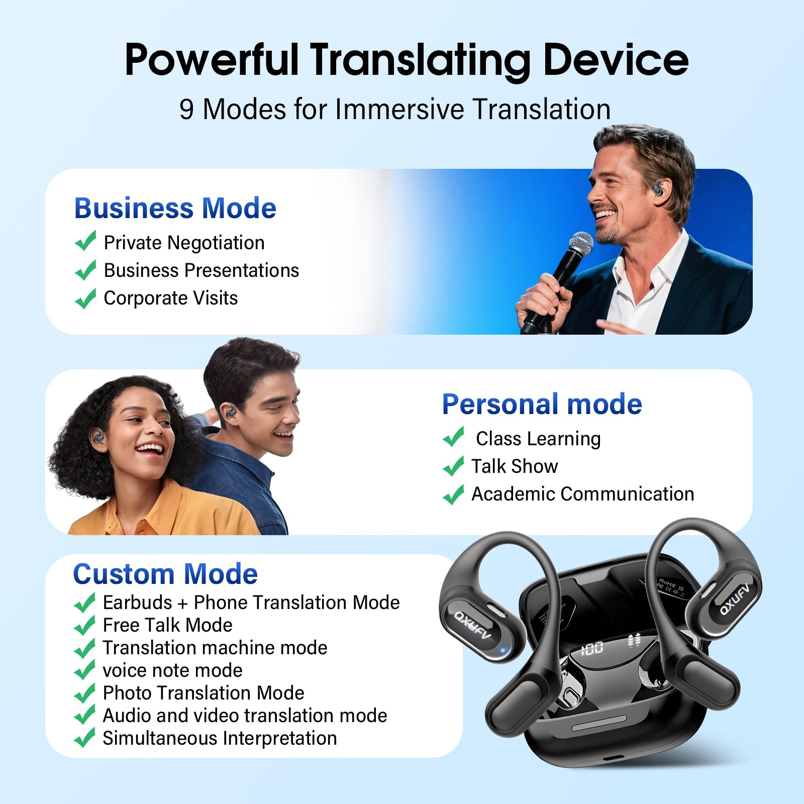 AI Écouteur Traducteur Instantané 164 Langues, Conduction Osseuse Intelligent Ambiant, IPX7 Étanche, 60H Autonomie, 4 en 1 Open-Ear