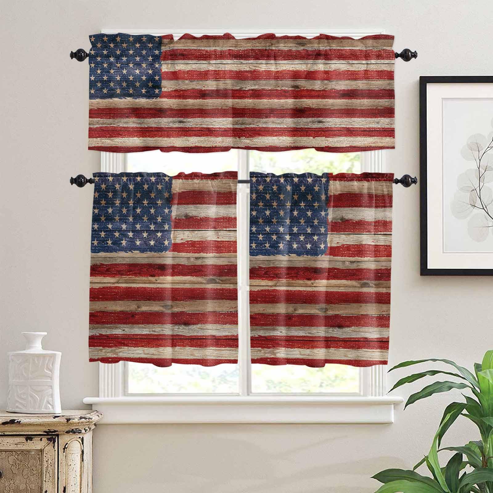 American Flag Kitchen Curtains 24 Inch Length, 3 Piece Rod Pocket Small Half Tiers and Valance Set, Blue Red Star Stripe Farmhouse Wooden Small Large Window Treatment Decor for Bedroom/Bathroom Sink