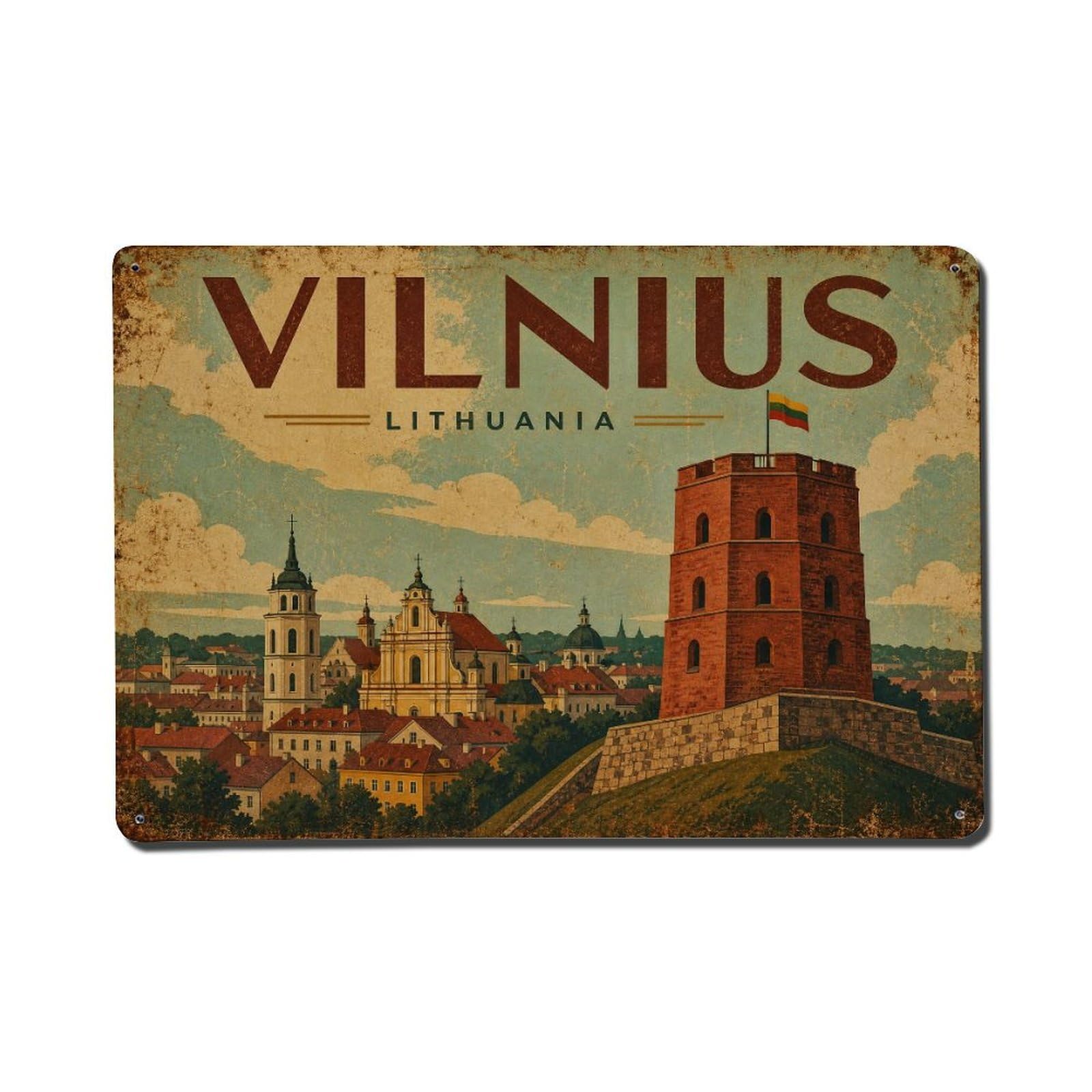 Travel Vintage Lithuania Vilnius Metal Tin Sign
