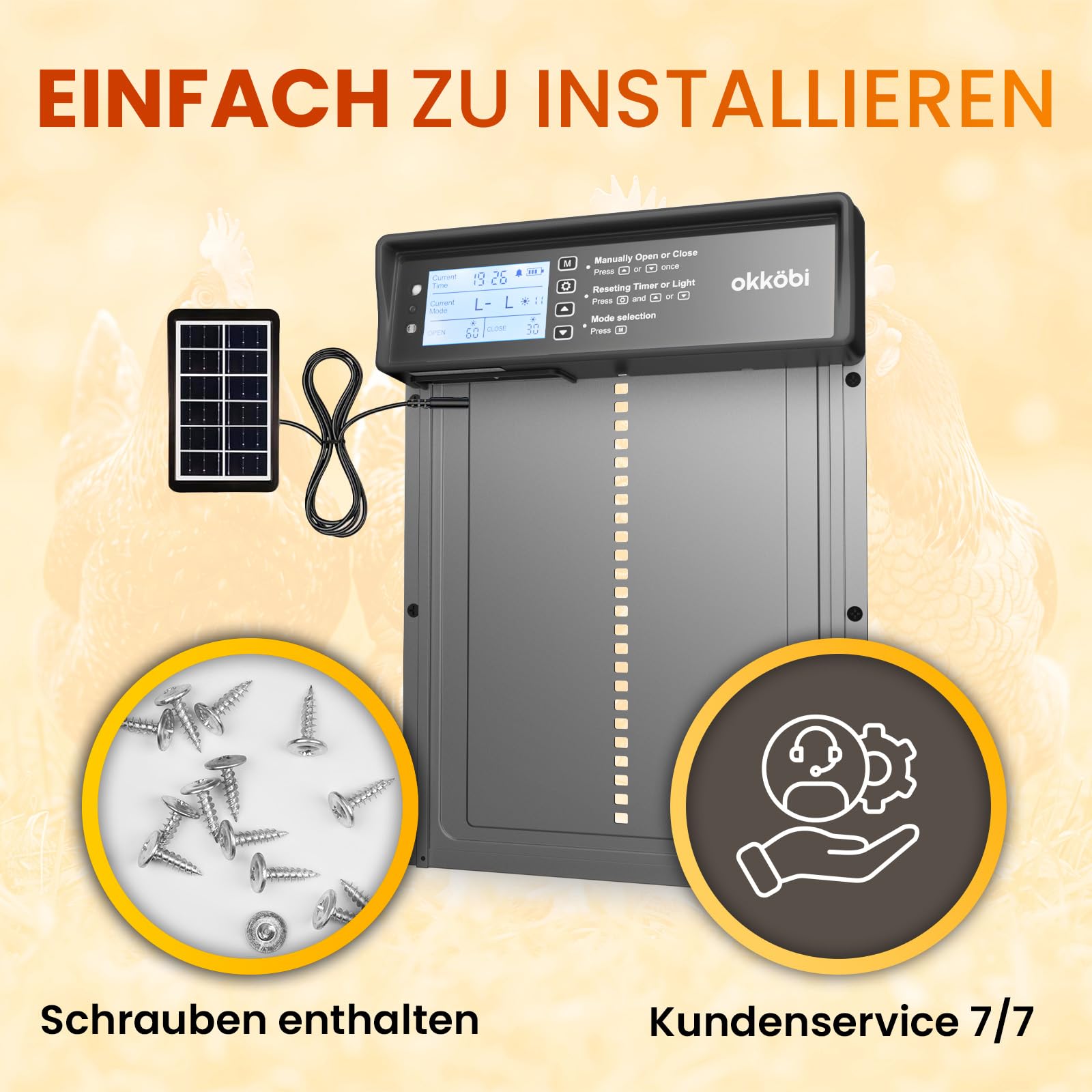 Okkobi Hühnerklappe Automatisch Solar - LCD Display - Automatische hühnerklappe mit Fernbedienung, Lichtsensor & Timer - Sicherheit & Seelenfrieden: Sicherheitsmechanismus - 5 Jahre Schutz