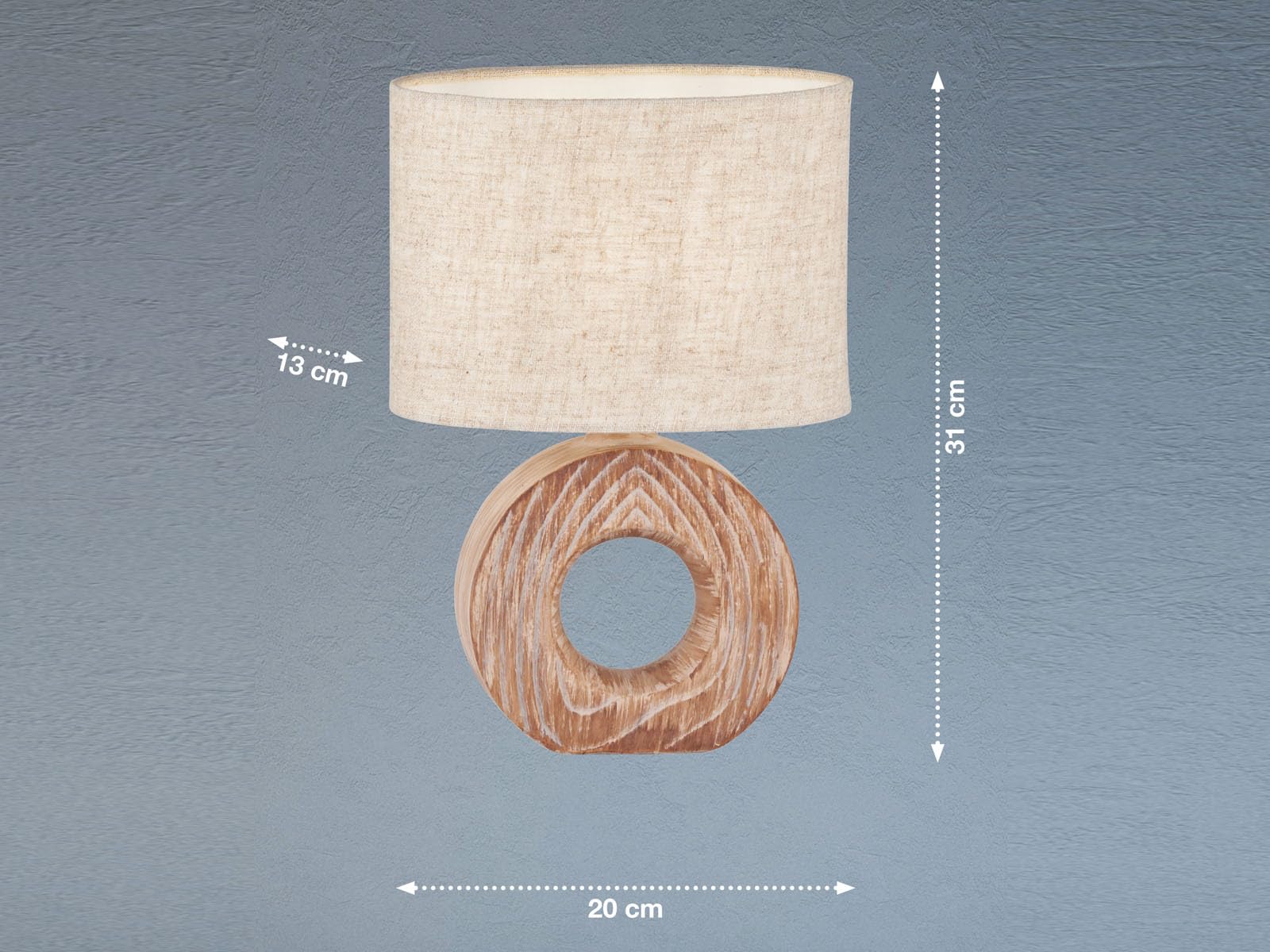 Lampa stołowa z ceramiczną podstawą o wyglądzie drewna i lnianym kloszem beżowym, wysokość 31 cm