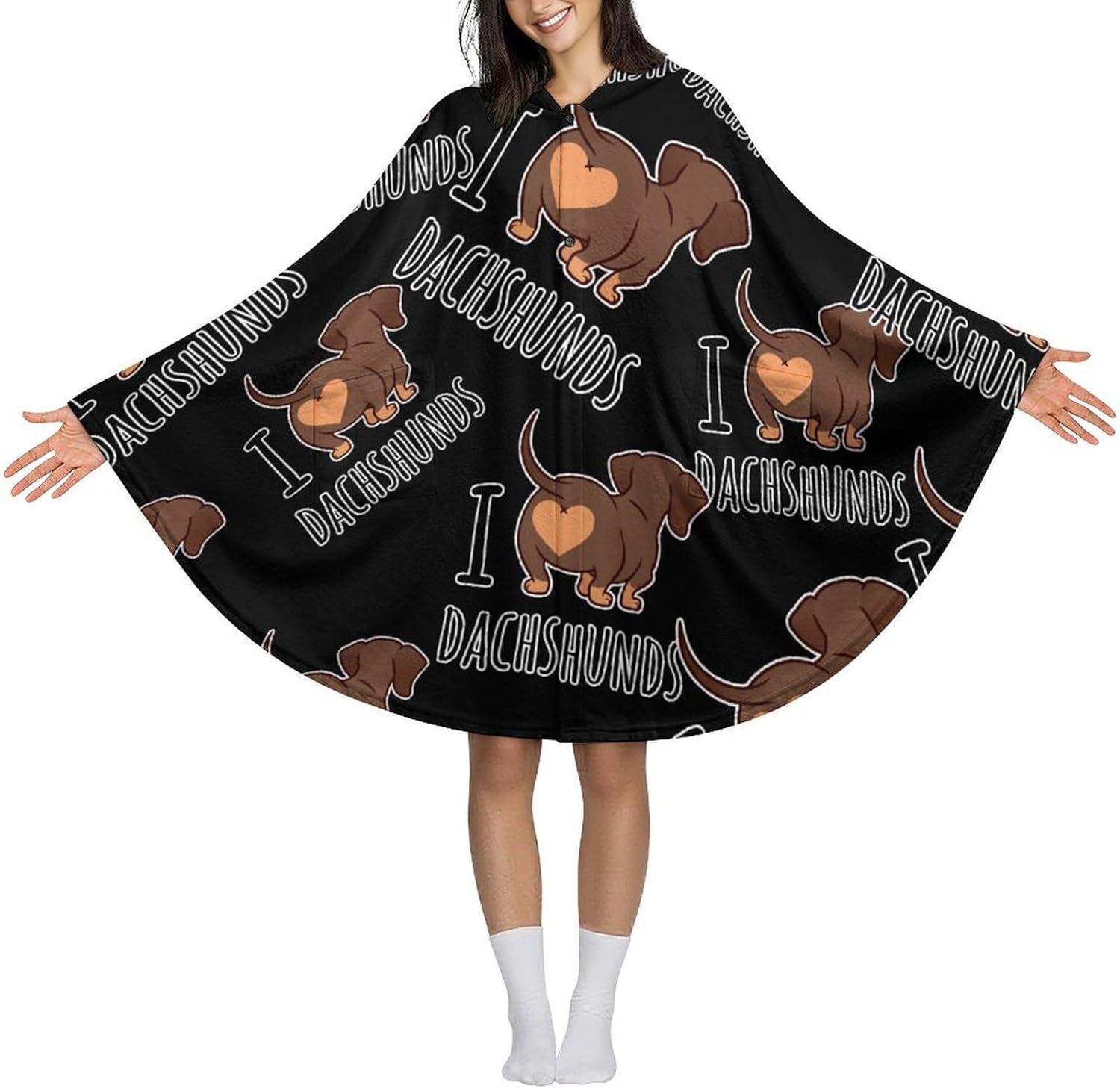 Cute Dachshund Dog Wearable Blanket with Hooded Flannel Blankets Cape with Pocket