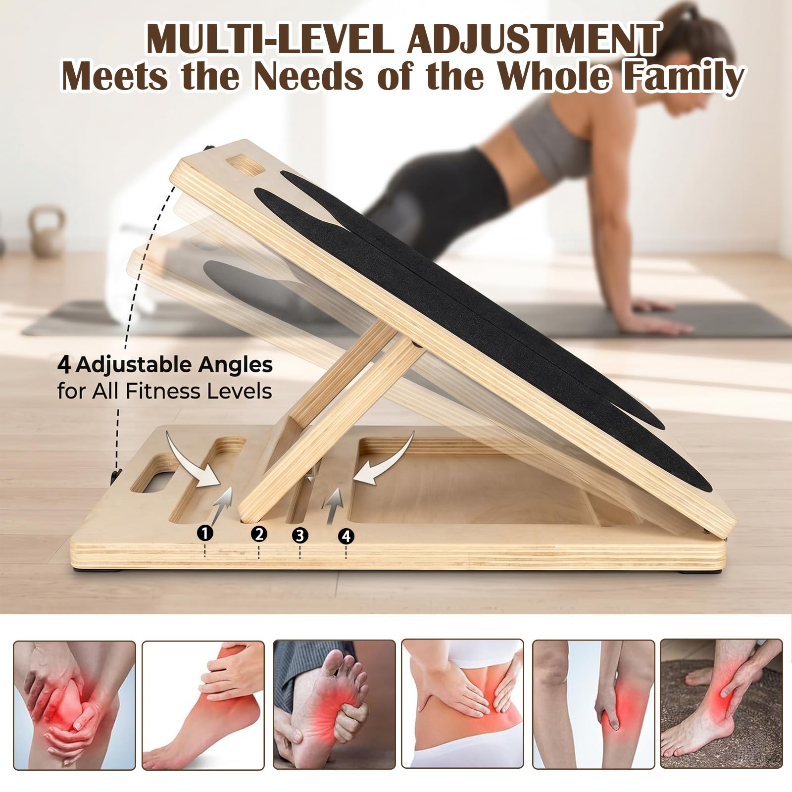 Panca inclinata per allungare i polpacci in legno, tavola obliqua 2 in 1 con 5 angoli e maniglia da trasporto, balance board per l’equilibrio, allenatore polpacci pieghevole