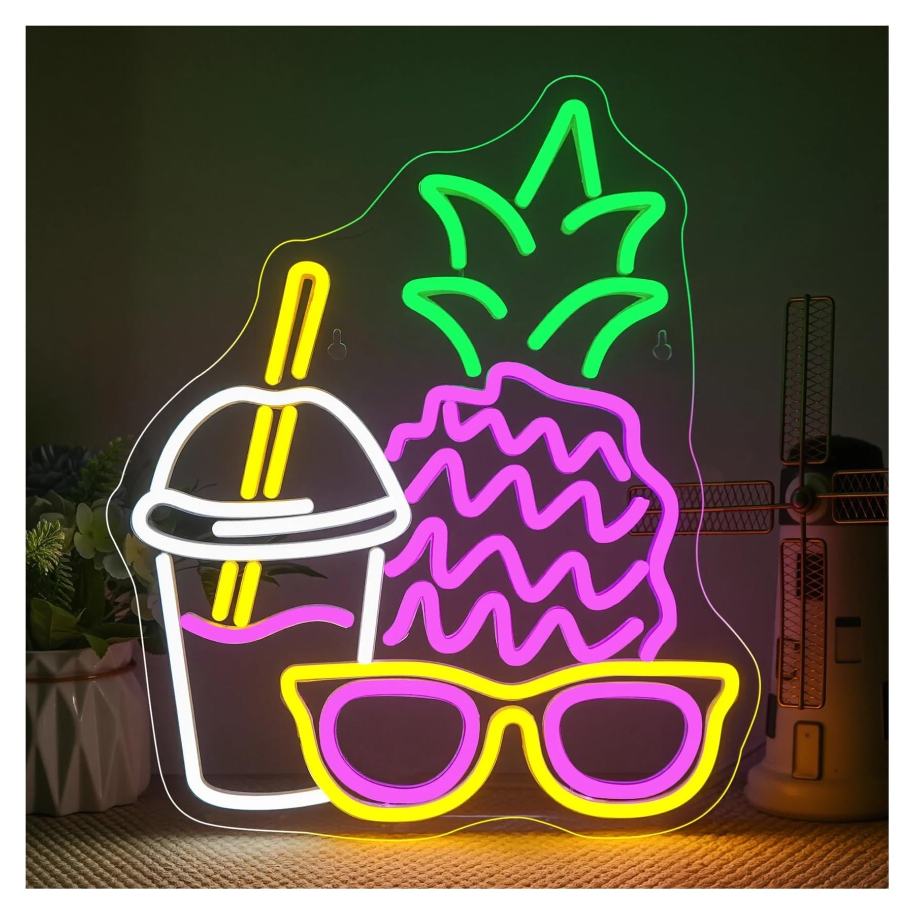 SHOUXI Sign Lamp Pineapple Glasses Neon Signs for Wall Art Decor USB with Dimmable Switch for Shop Restaurant Bedroom Decor 32х38cm