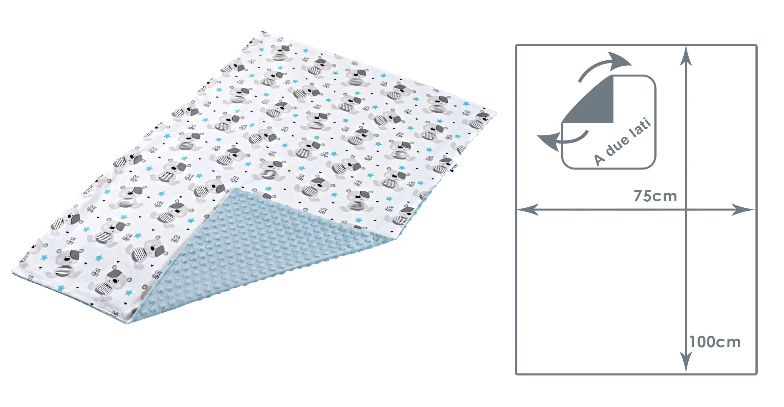Medi Partners Medi Partners Baby Blanket for Newborn Baby Bed – 100% Cotton 75 x 100 cm Natural Blanket for Babies Winter Summer Double-Sided Baby Pram (Teddy with Minky Blue) in use