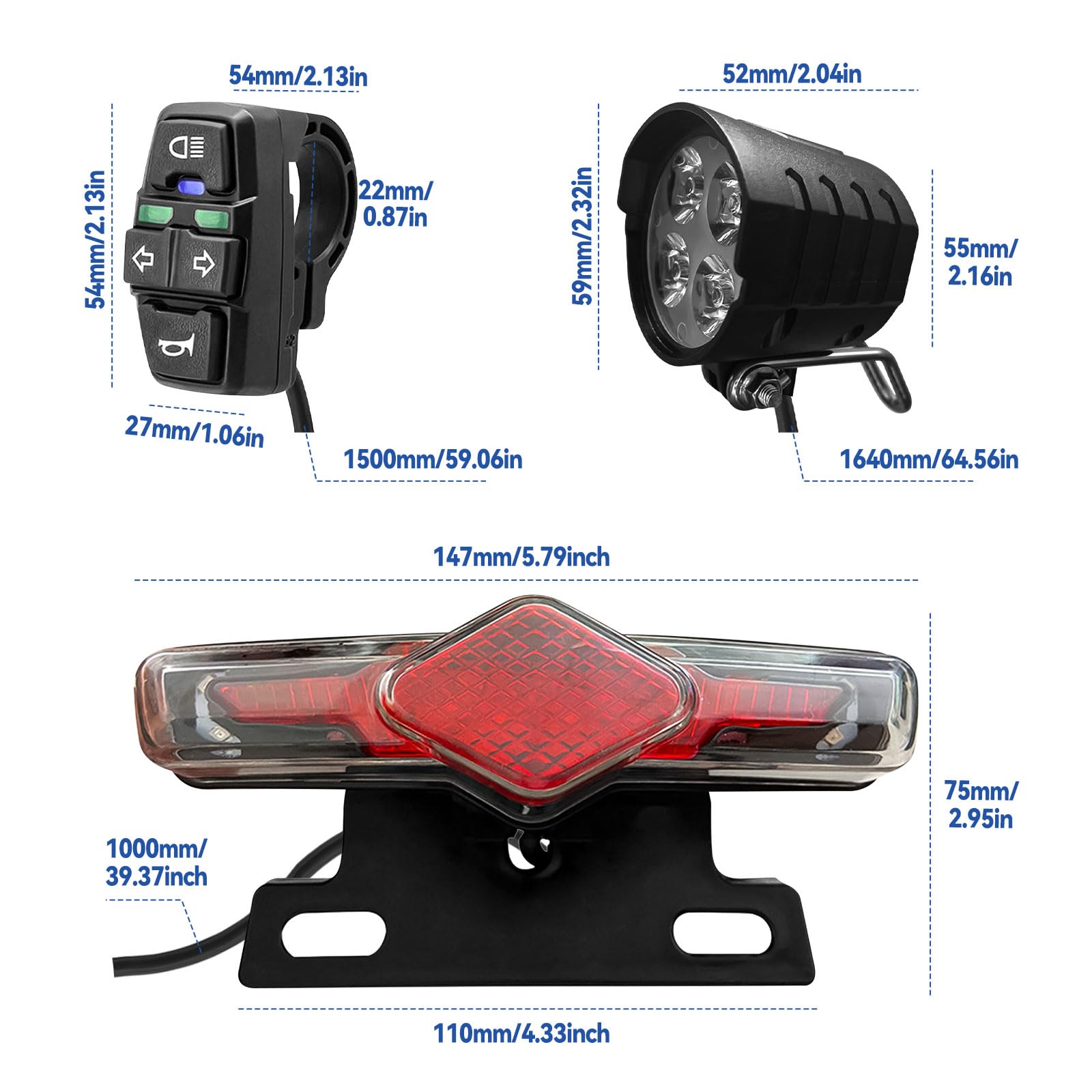HSOKEW 3 in 1 Ebike Light Kit, Bicycle Lithium-ion Conversion Accessories Electric Bike Headlight & Horn 100dB, LED Light Set Headlight, Tail Light with Turn Signal for 50mm/80mm Rear Rack Mount Holes