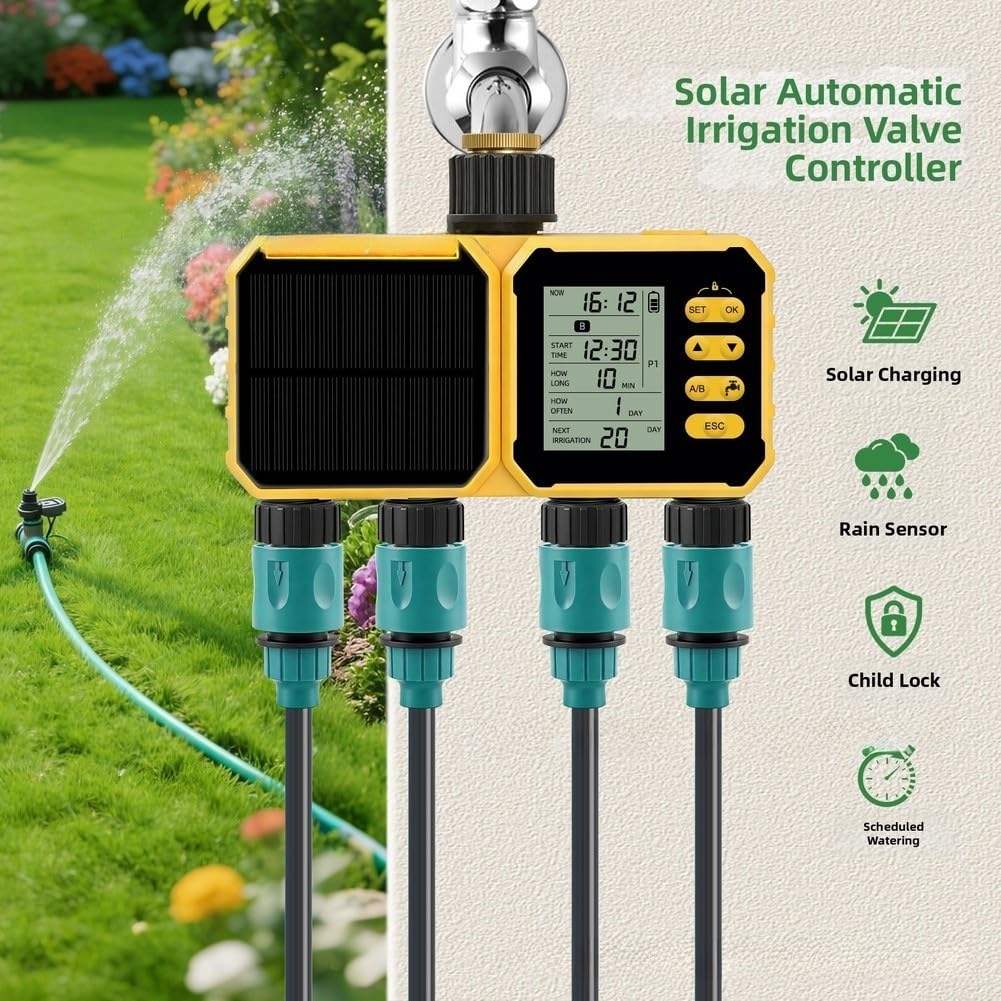 Temporizador de riego, temporizador de riego automático con energía solar, controlador de riego de jardín de 4 canales para sistema de goteo de riego de invernadero