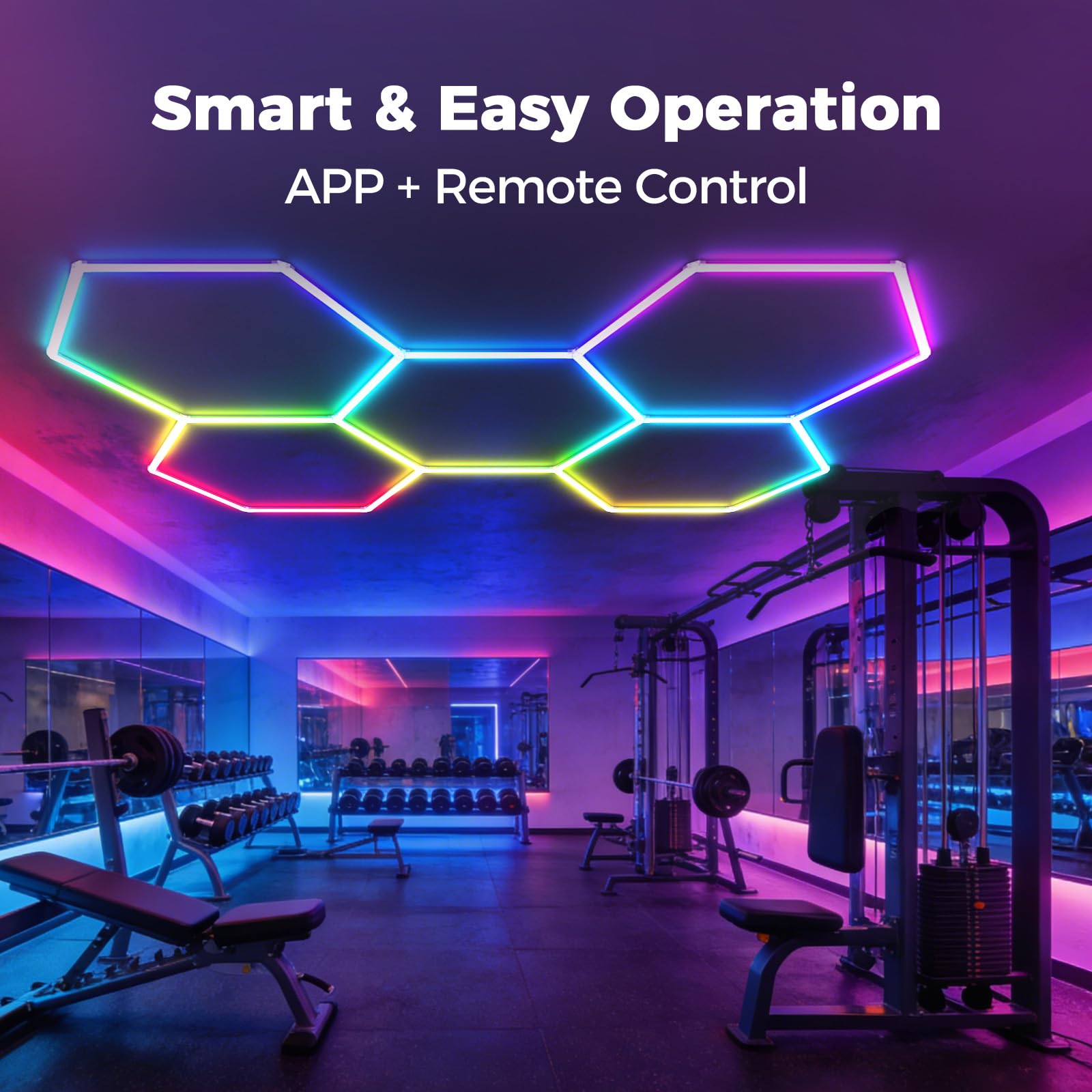RGB LED Hexagon Deckenleuchte 5 Hex 216W dimmbare Garagenlampe | Musik-Synchronisationsmodus, App- & Fernbedienung Farbwechsel Wabenleuchte für Gaming-Zimmer Fitnessstudio Garage Bars Partei