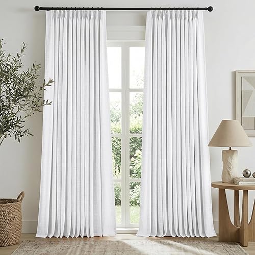 HOMEIDEAS Snow White Pinch Pleated Curtains 100% Blackout,Linen Blend Luxury The