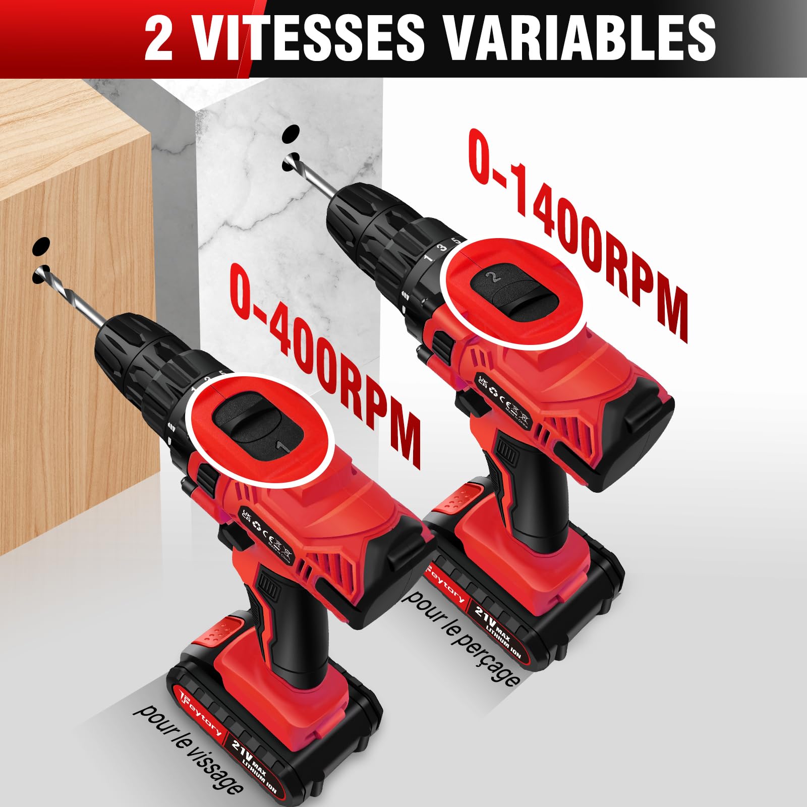 Perceuse Visseuse Sans Fil, 21V Visseuse Devisseuse avec 2 Batteries, 45Nm Perceuse Percussion, 25+1 Réglages de Couple, 10mm Métal Mandrin Verrouillage, 2 Vitesses, 29 Accessoires, LED Light