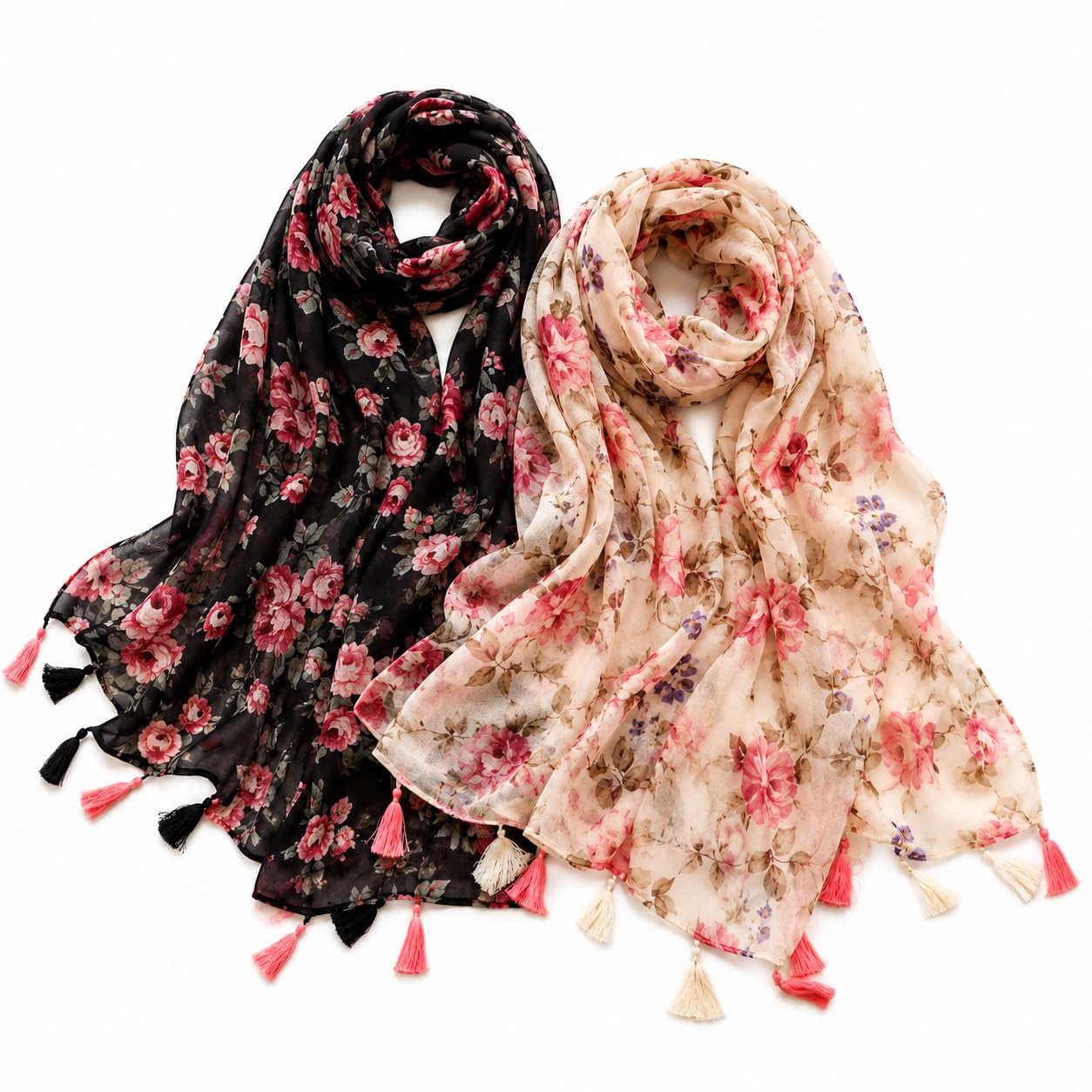 Women's Floral Print Scarf with Tassels Soft Lightweight Viscose Cotton Blend Stoles for Girls & Ladies, Set of 2-image-36
