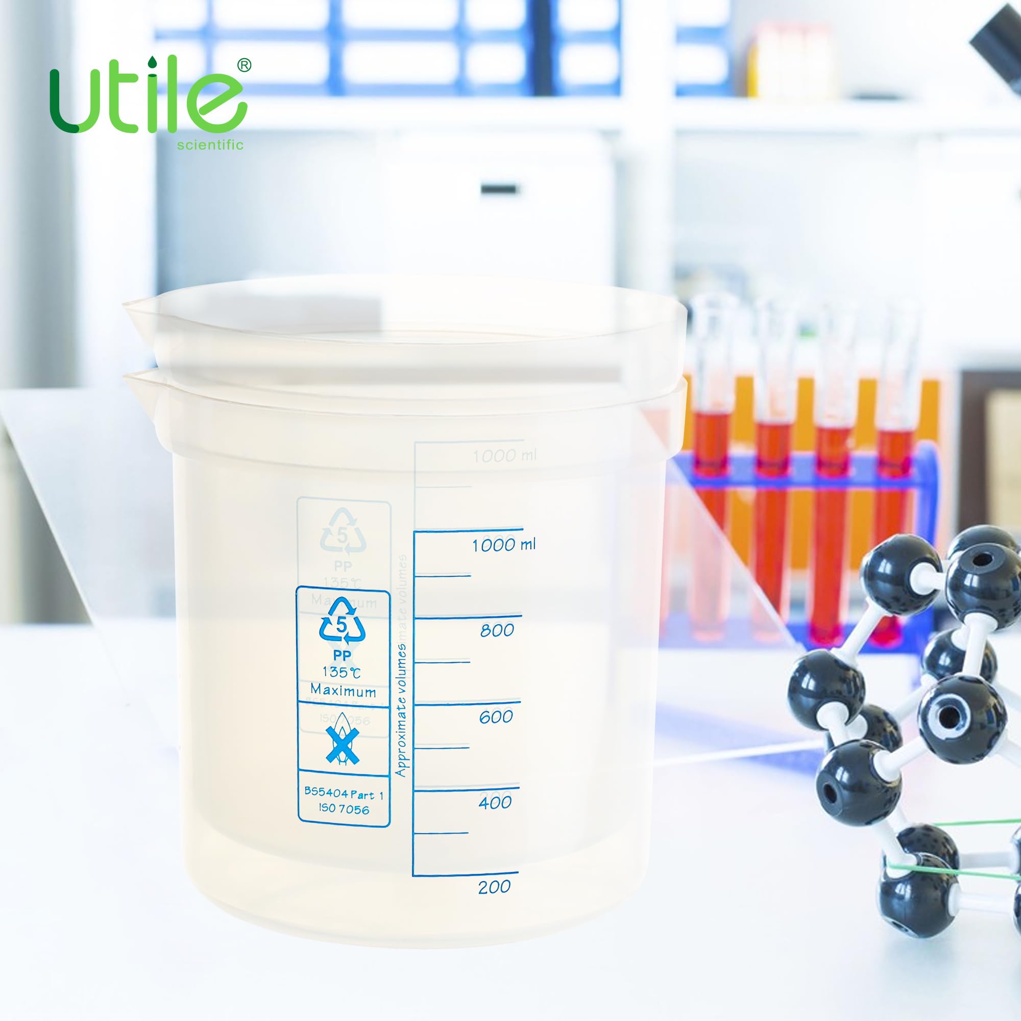 Utile Juego de vasos de precipitados de plástico, 2 unidades de 1000 ml con escala impresa azul, vasos de medición graduados de polipropileno, 4007.0281.02